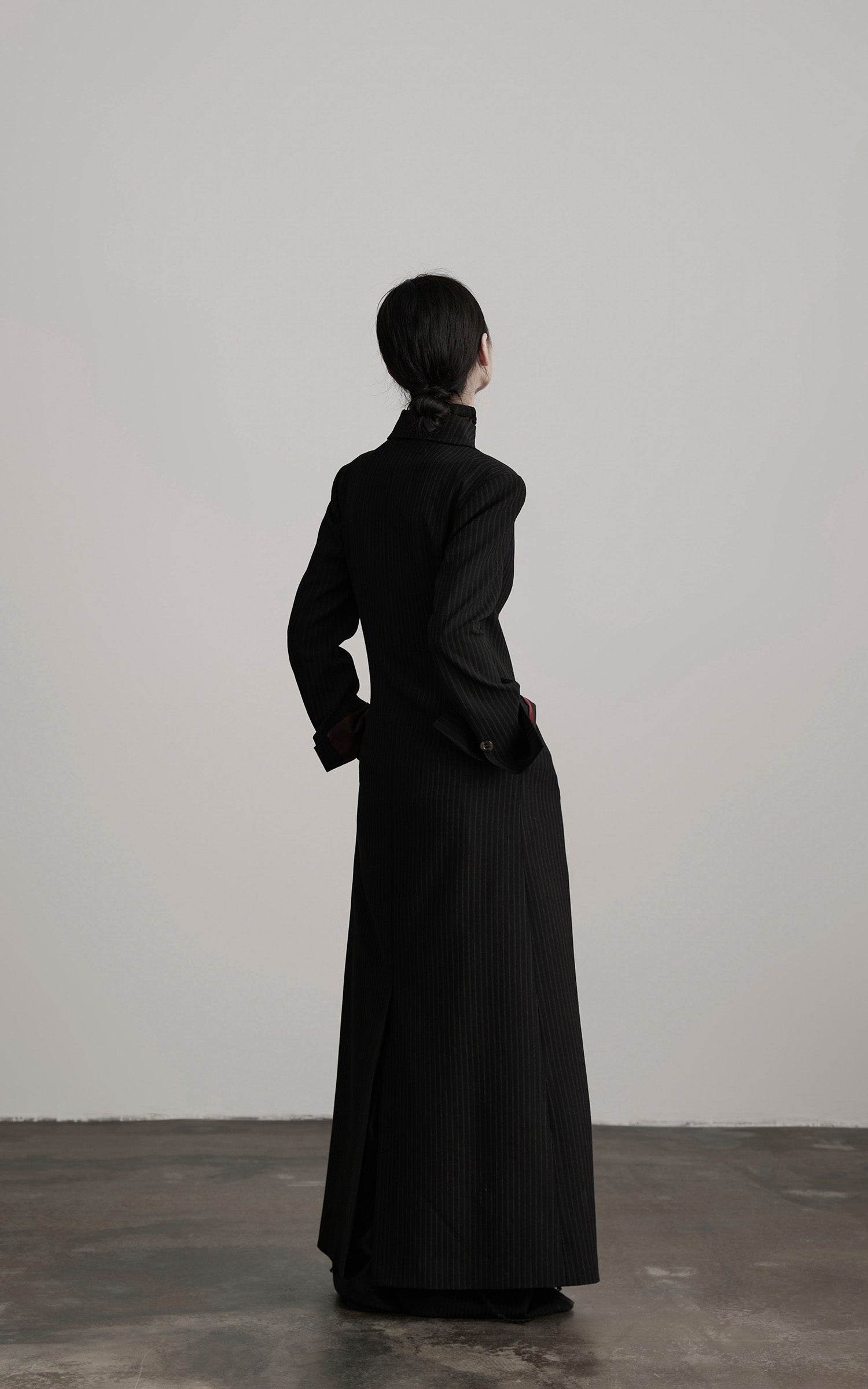 DOINDULGE Double Breasted Long Coat with Pinstripe and Contrast Lining