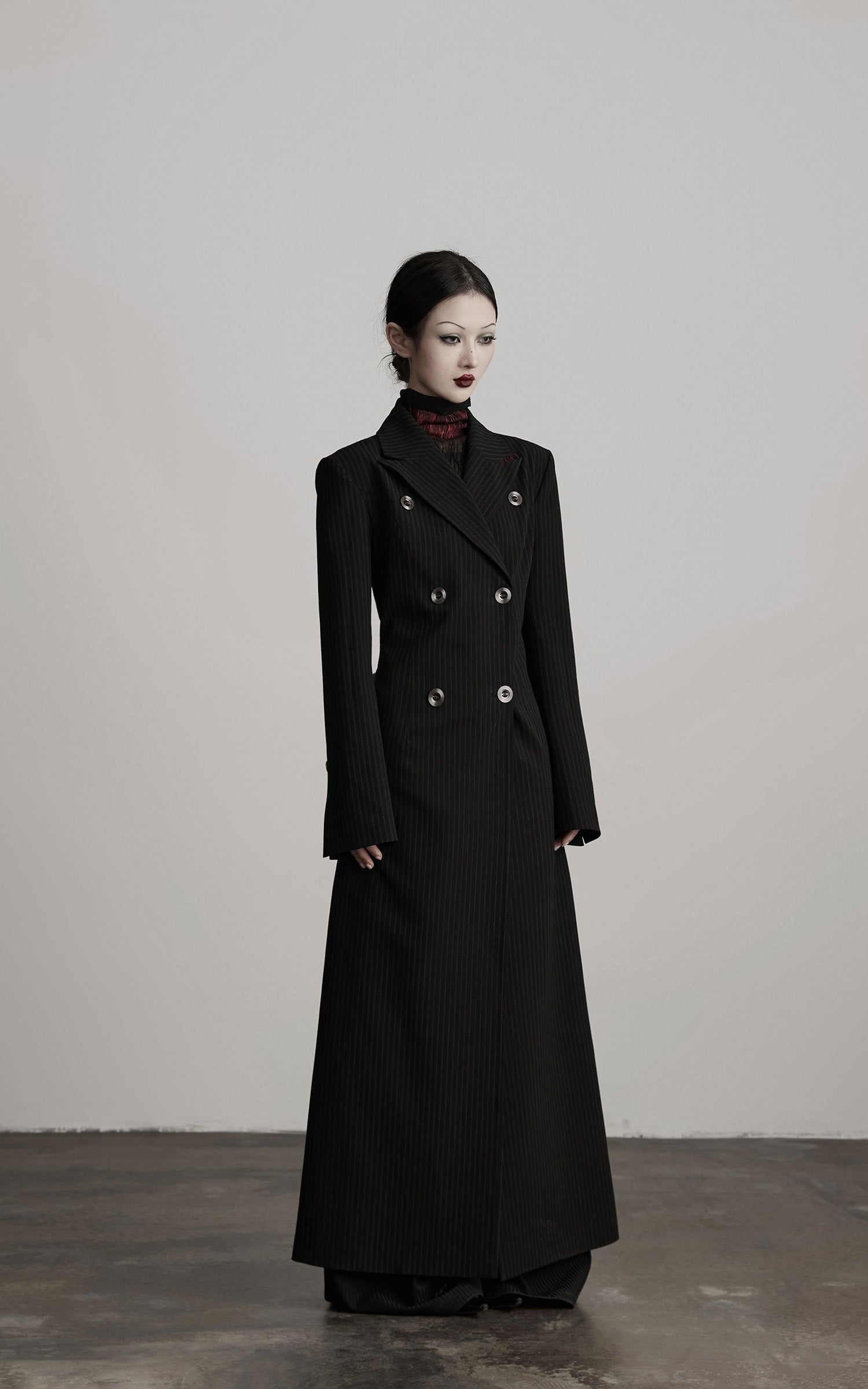 DOINDULGE Double Breasted Long Coat with Pinstripe and Contrast Lining