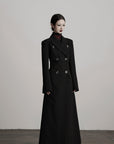 DOINDULGE Double Breasted Long Coat with Pinstripe and Contrast Lining