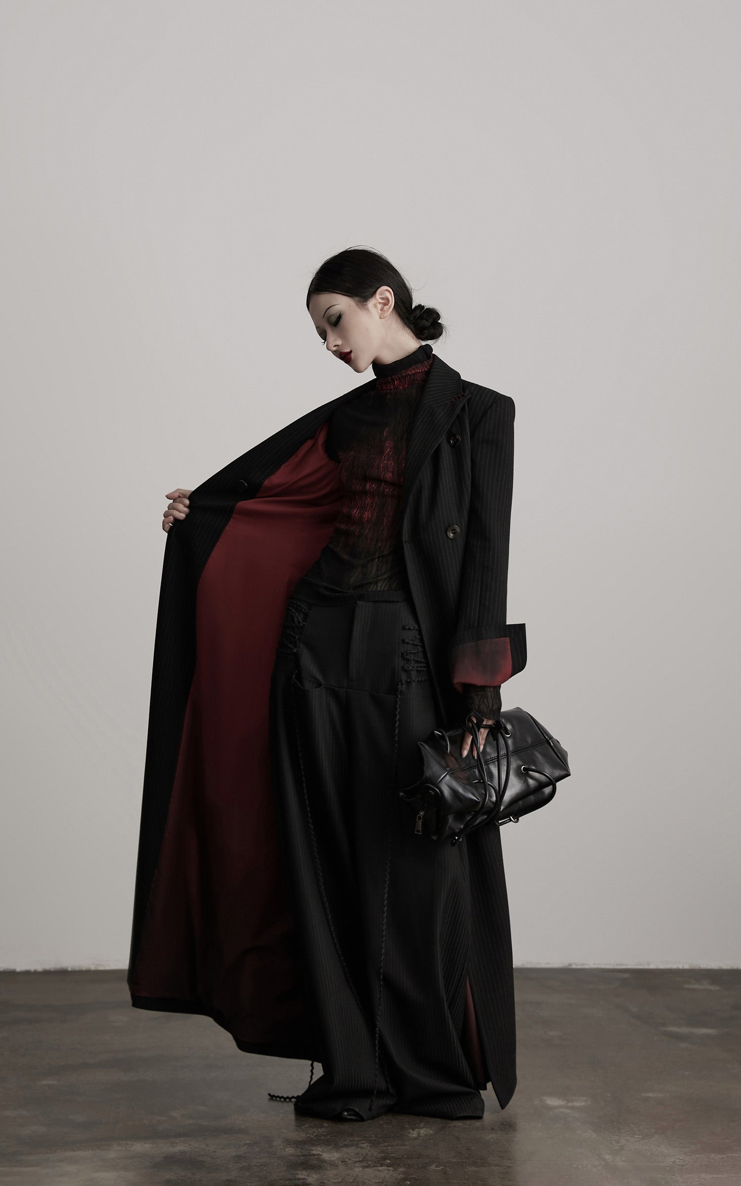 DOINDULGE Double Breasted Long Coat with Pinstripe and Contrast Lining