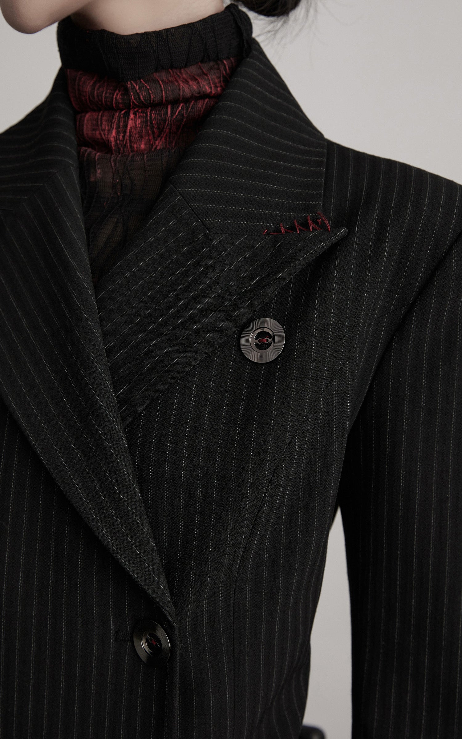 DOINDULGE Double Breasted Long Coat with Pinstripe and Contrast Lining