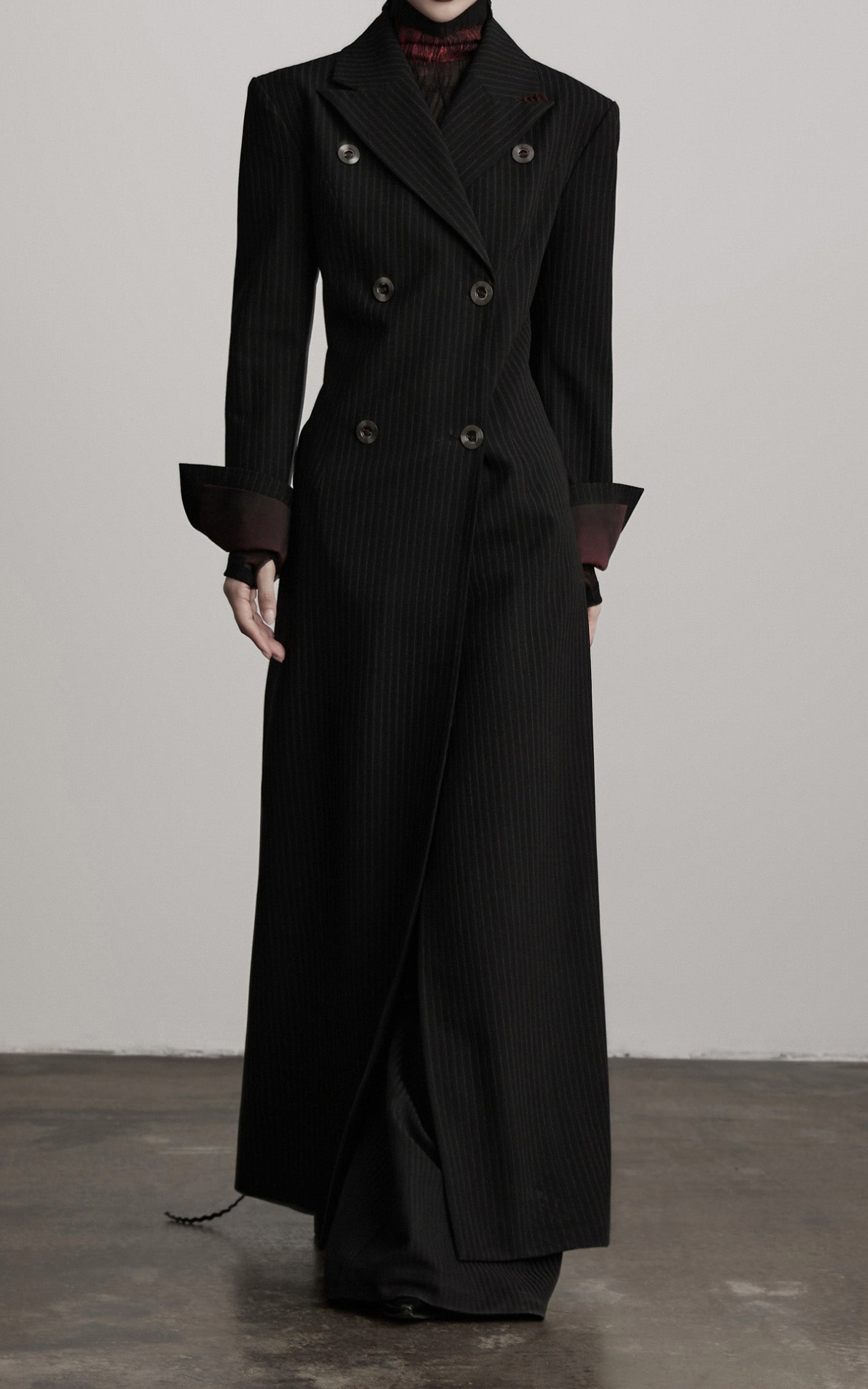 DOINDULGE Double Breasted Long Coat with Pinstripe and Contrast Lining