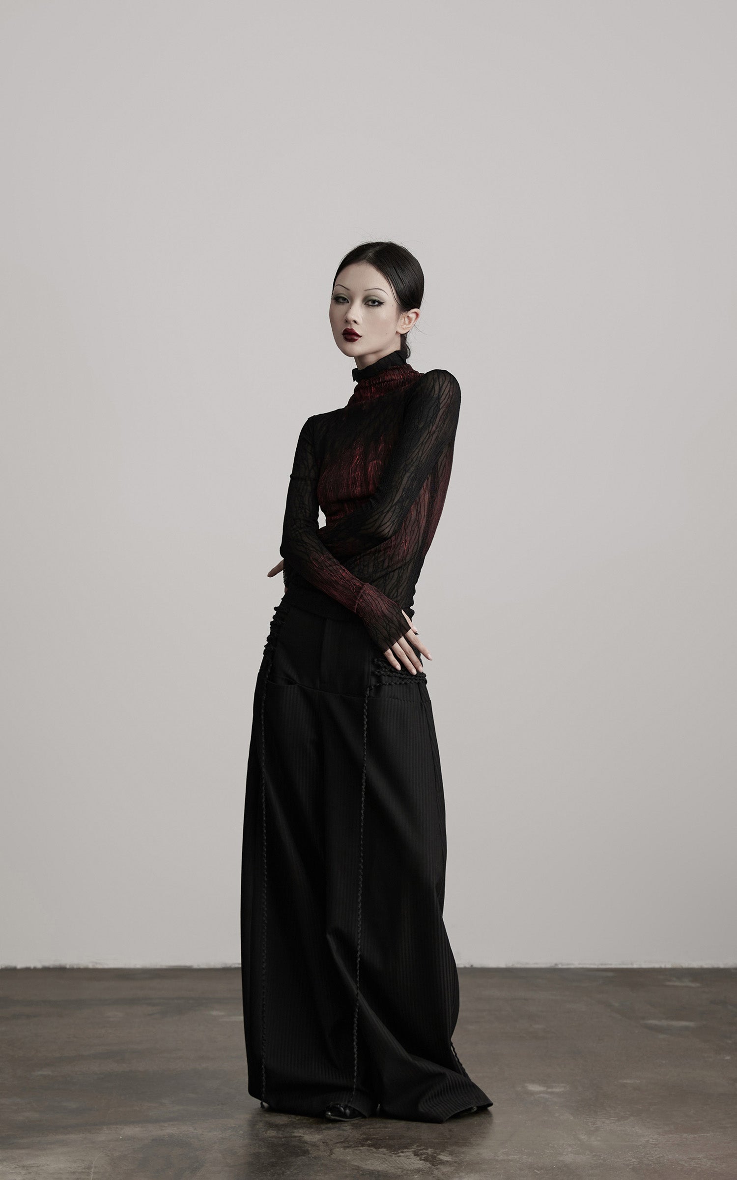 DOINDULGE Sheer Textured Turtleneck Top