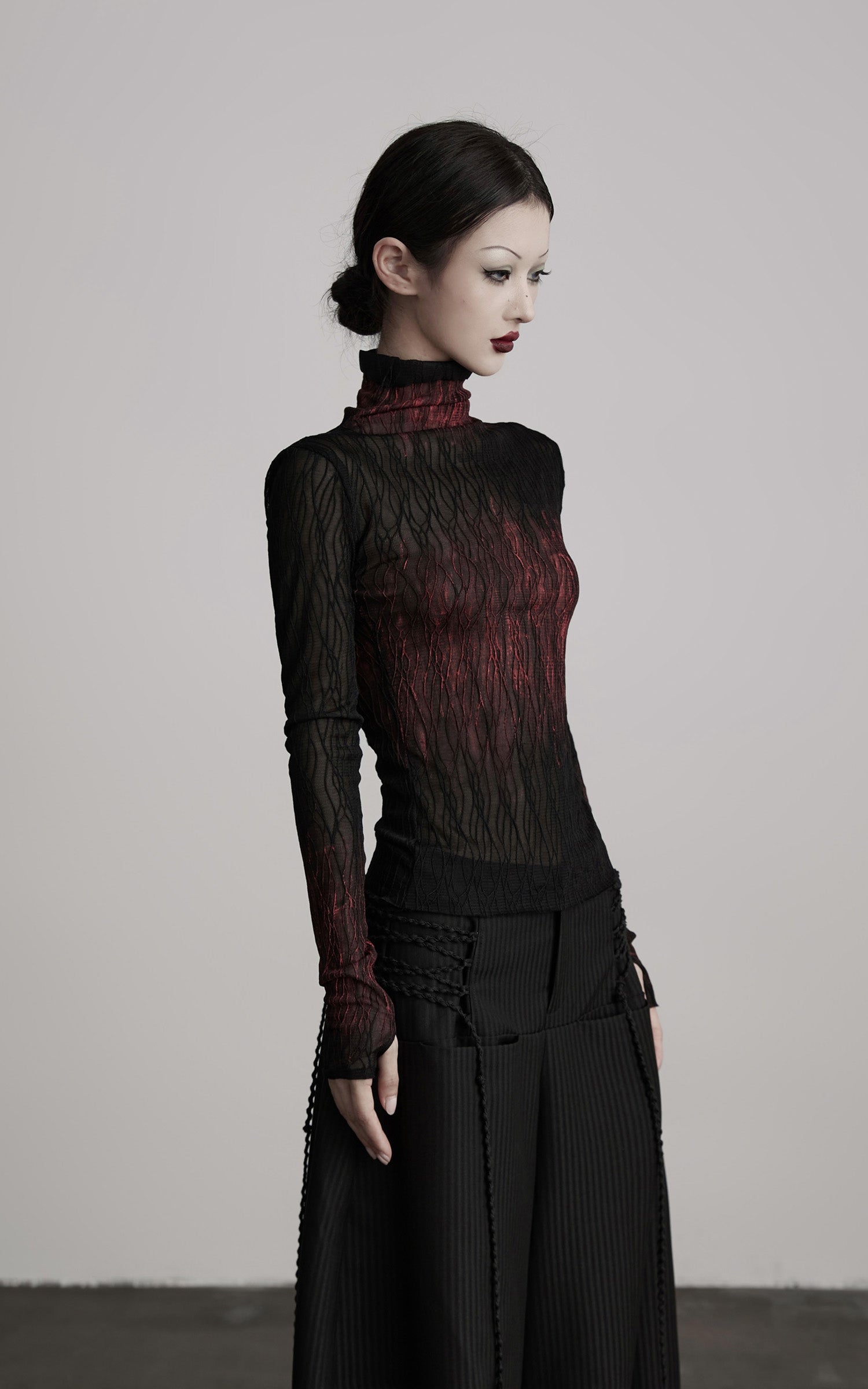 DOINDULGE Sheer Textured Turtleneck Top