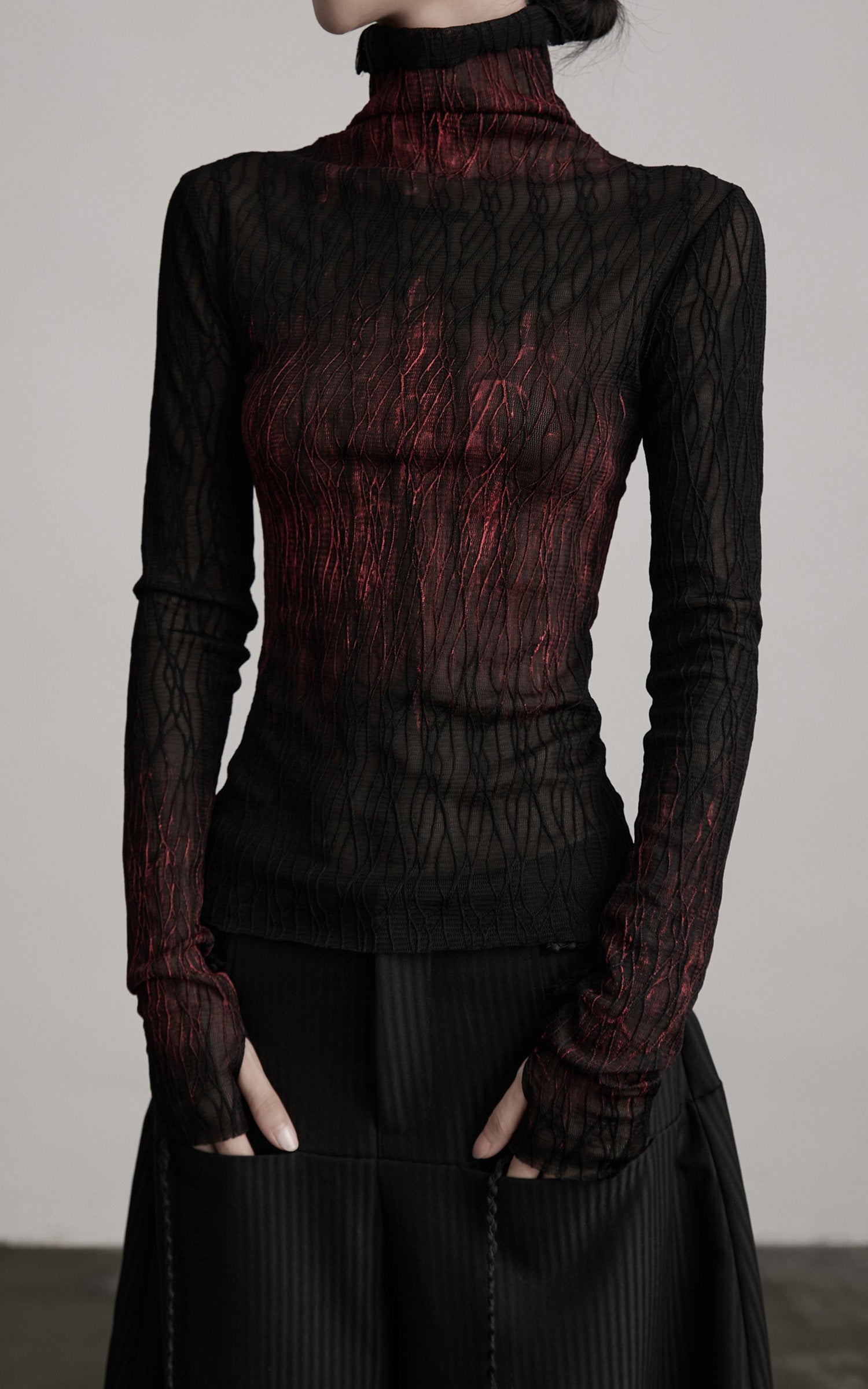 DOINDULGE Sheer Textured Turtleneck Top