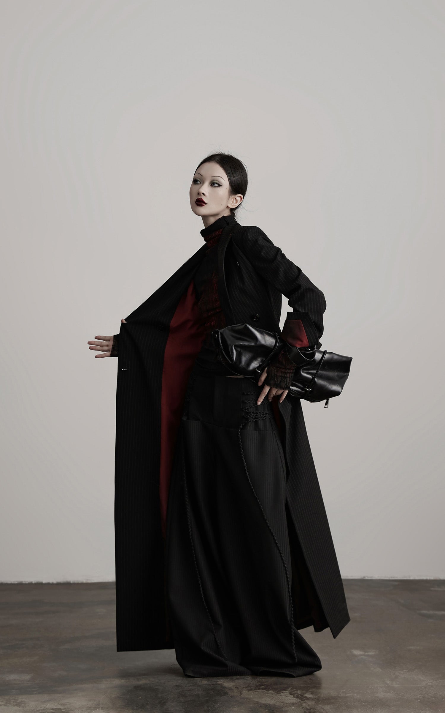 DOINDULGE Double Breasted Long Coat with Pinstripe and Contrast Lining