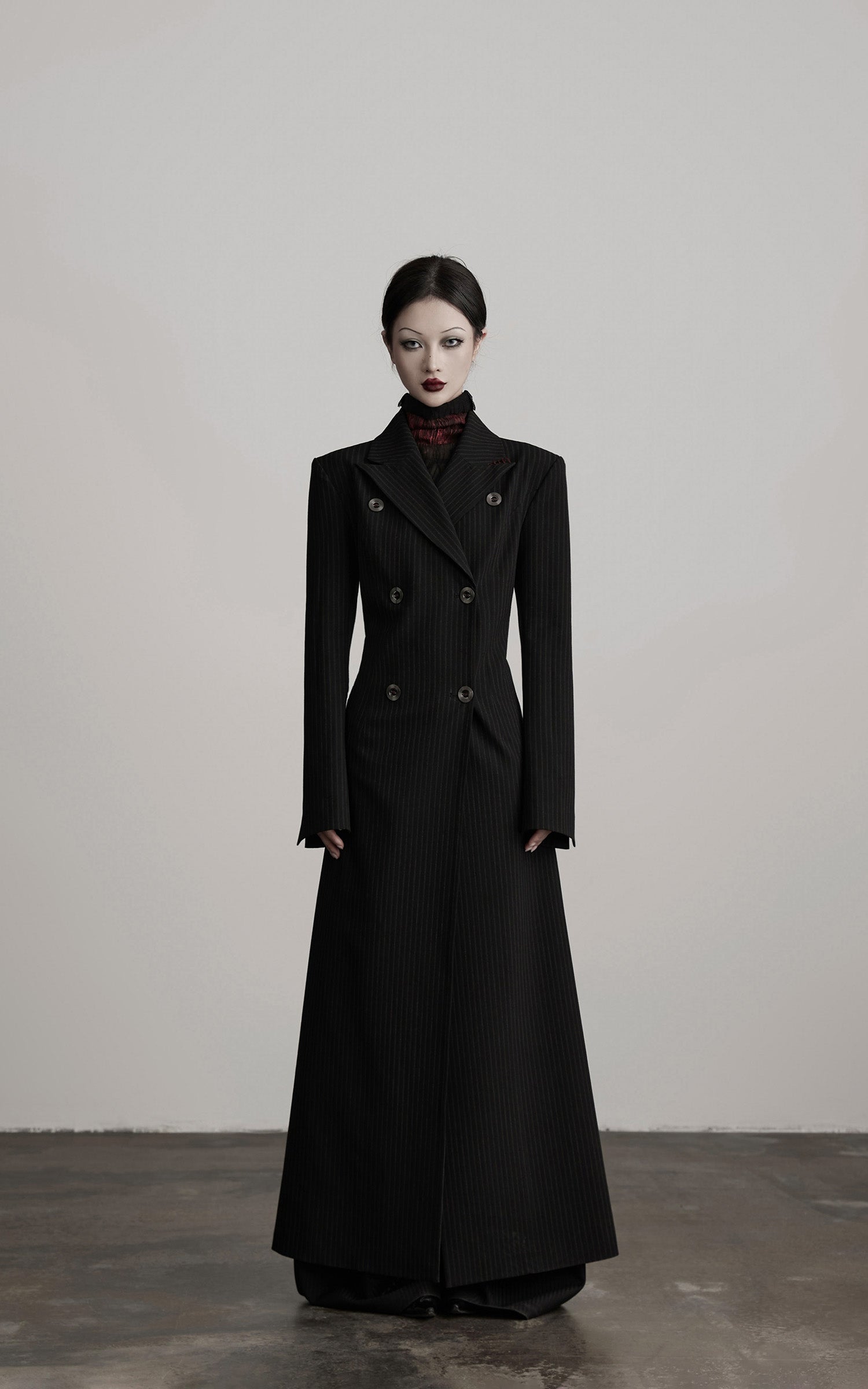 DOINDULGE Double Breasted Long Coat with Pinstripe and Contrast Lining