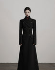 DOINDULGE Double Breasted Long Coat with Pinstripe and Contrast Lining