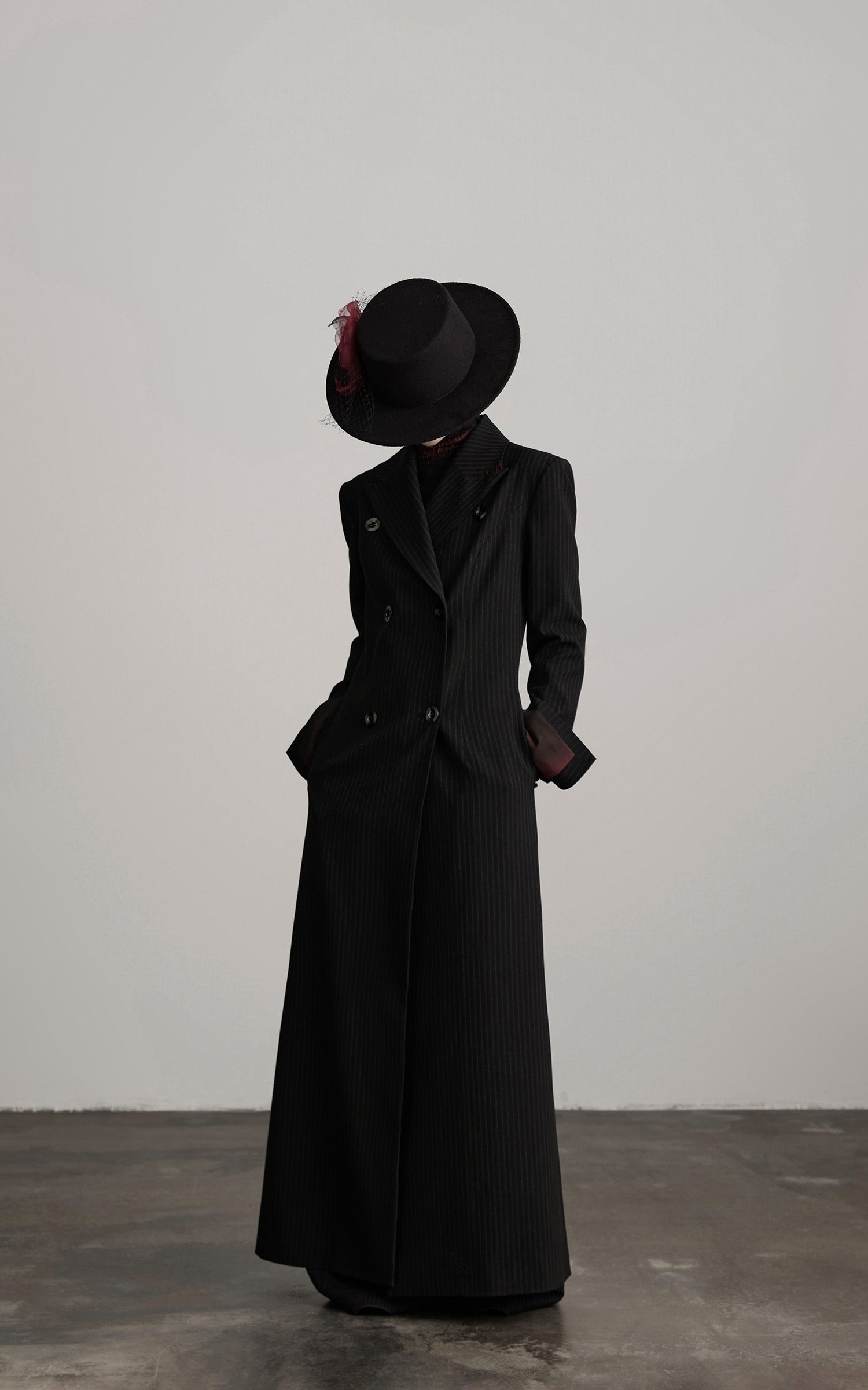 DOINDULGE Double Breasted Long Coat with Pinstripe and Contrast Lining