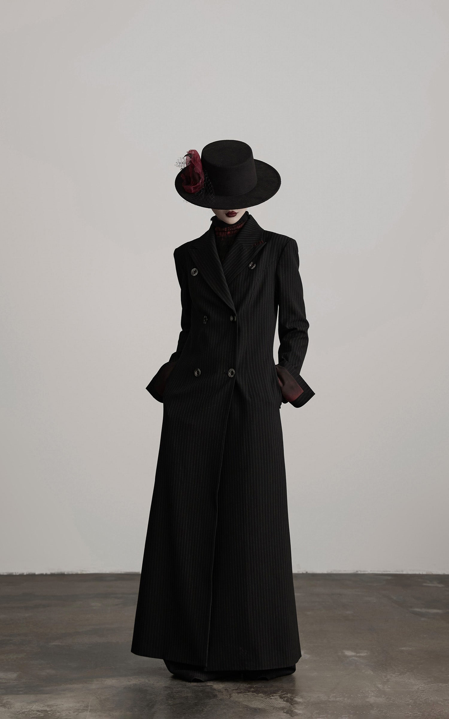 DOINDULGE Double Breasted Long Coat with Pinstripe and Contrast Lining