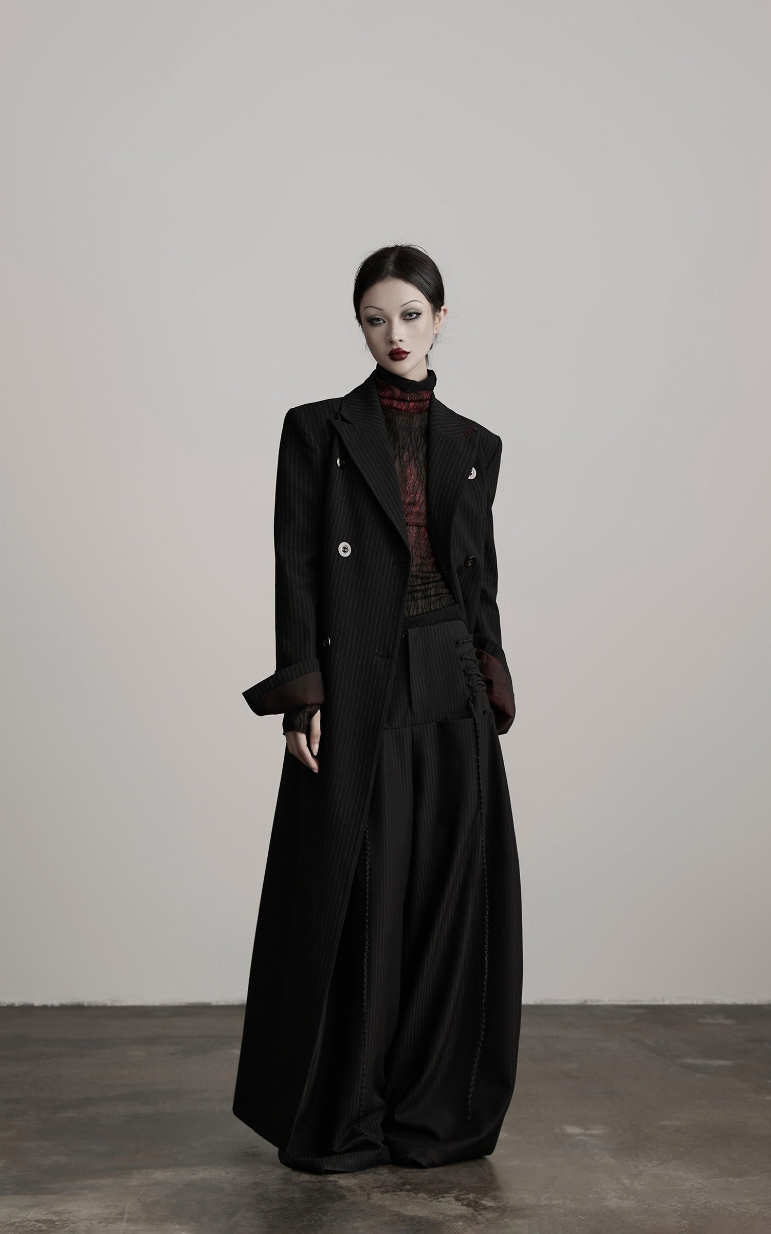 DOINDULGE Double Breasted Long Coat with Pinstripe and Contrast Lining