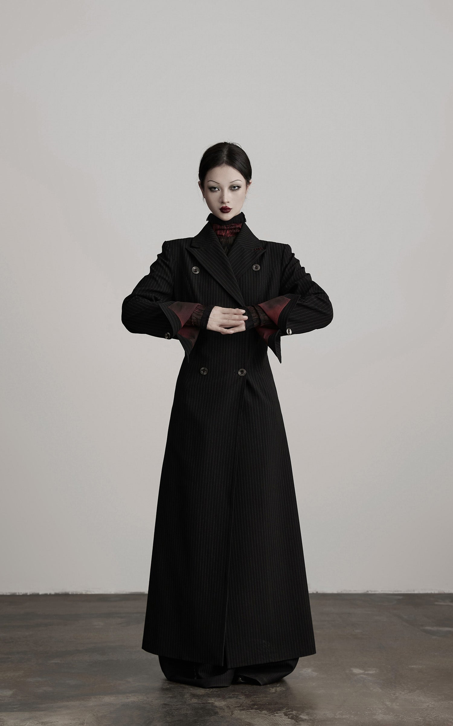 DOINDULGE Double Breasted Long Coat with Pinstripe and Contrast Lining