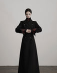 DOINDULGE Double Breasted Long Coat with Pinstripe and Contrast Lining