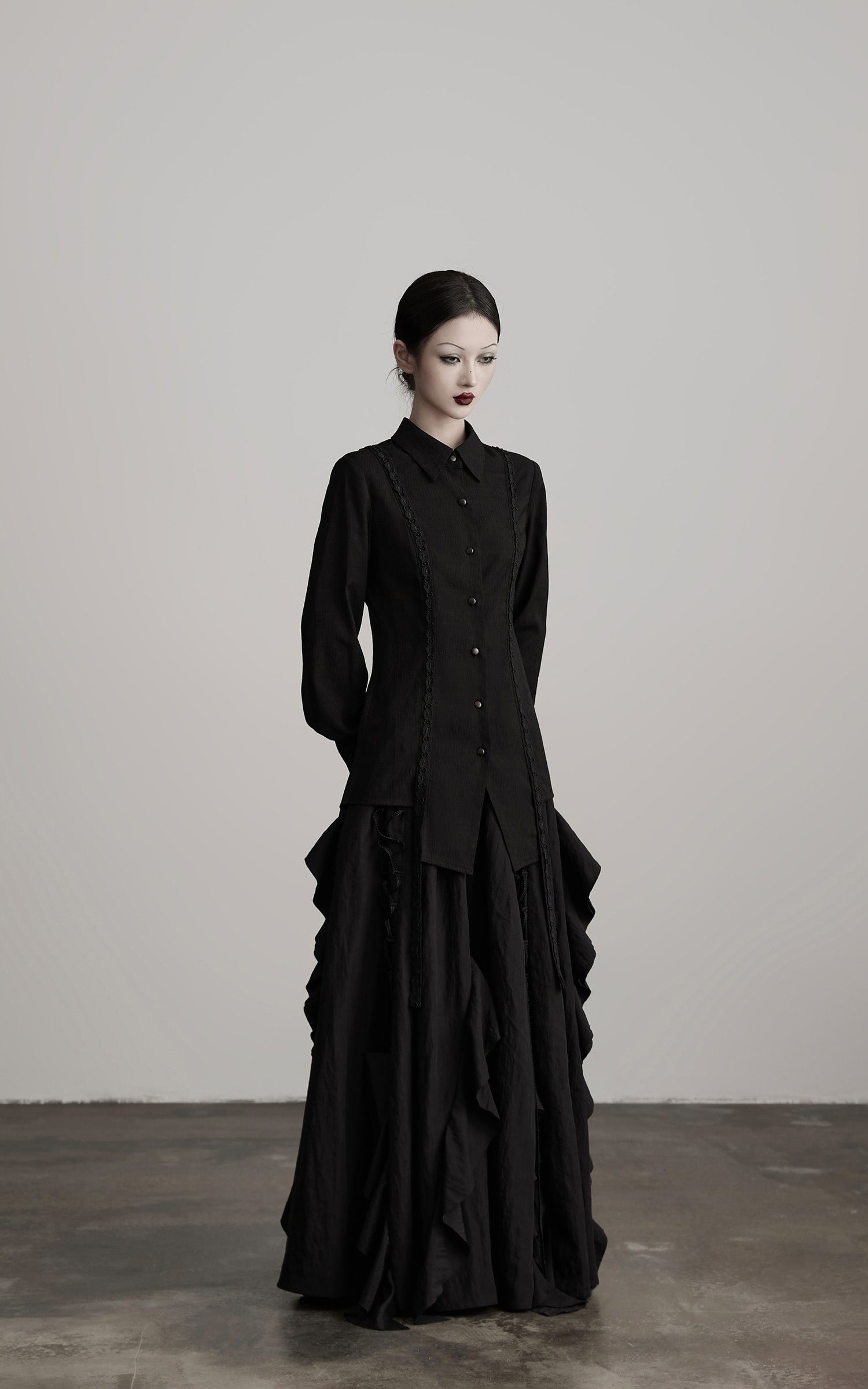 DOINDULGE Deconstructed Panel Shirt with Sheer Back and Embroidered Trims