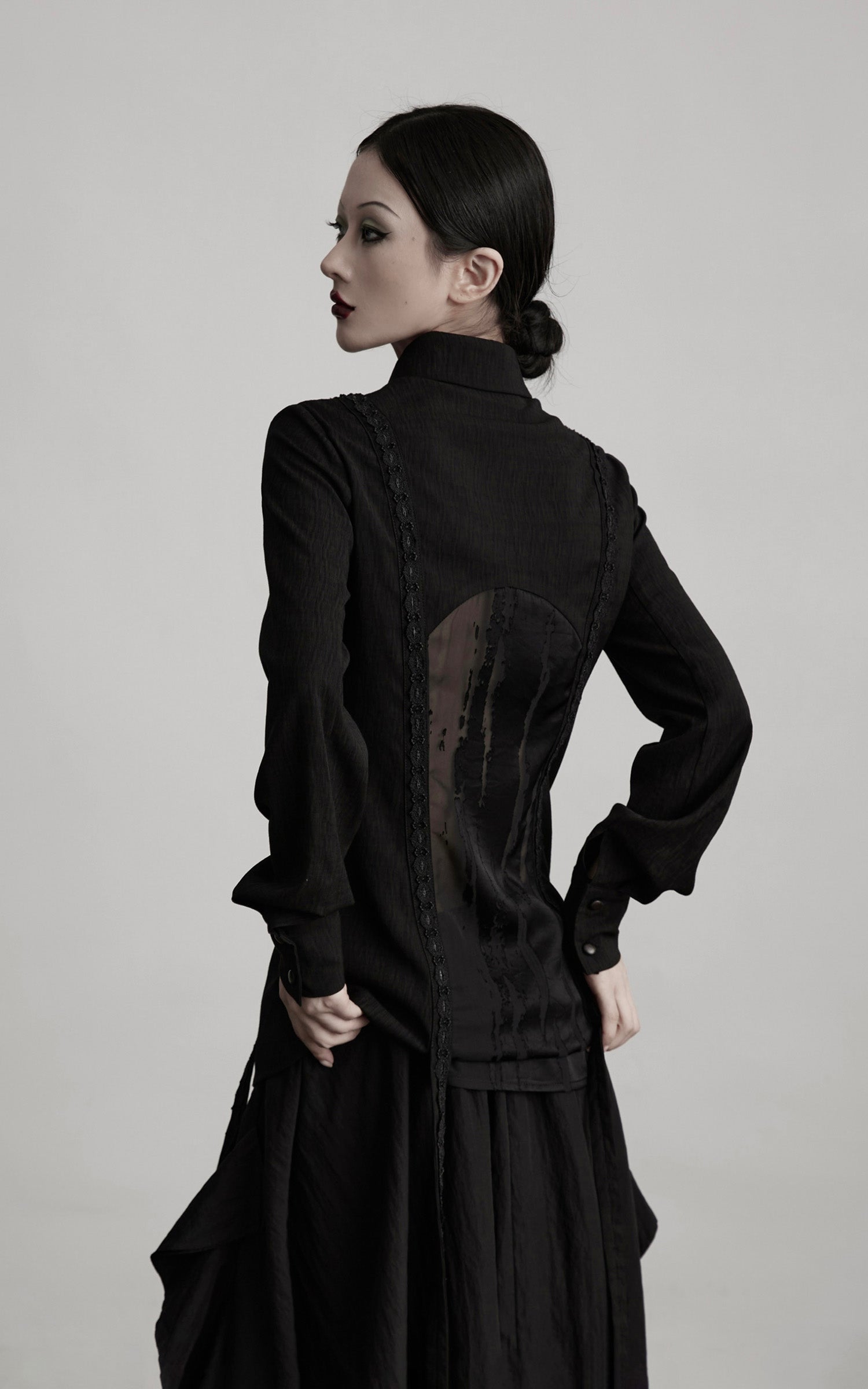 DOINDULGE Deconstructed Panel Shirt with Sheer Back and Embroidered Trims