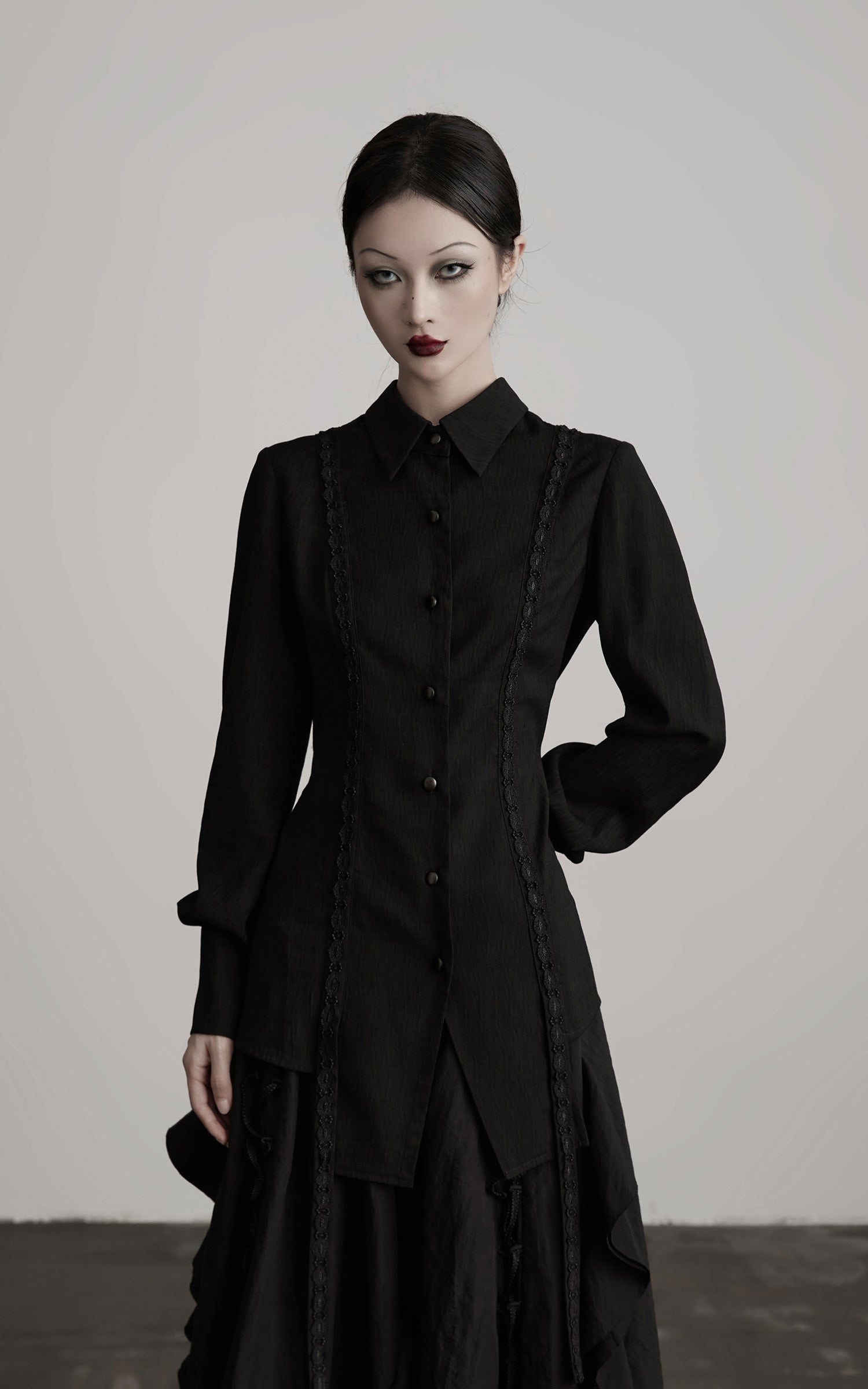 DOINDULGE Deconstructed Panel Shirt with Sheer Back and Embroidered Trims