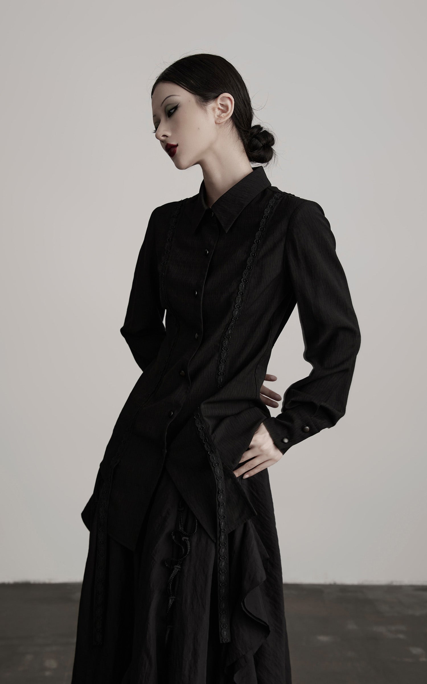 DOINDULGE Deconstructed Panel Shirt with Sheer Back and Embroidered Trims