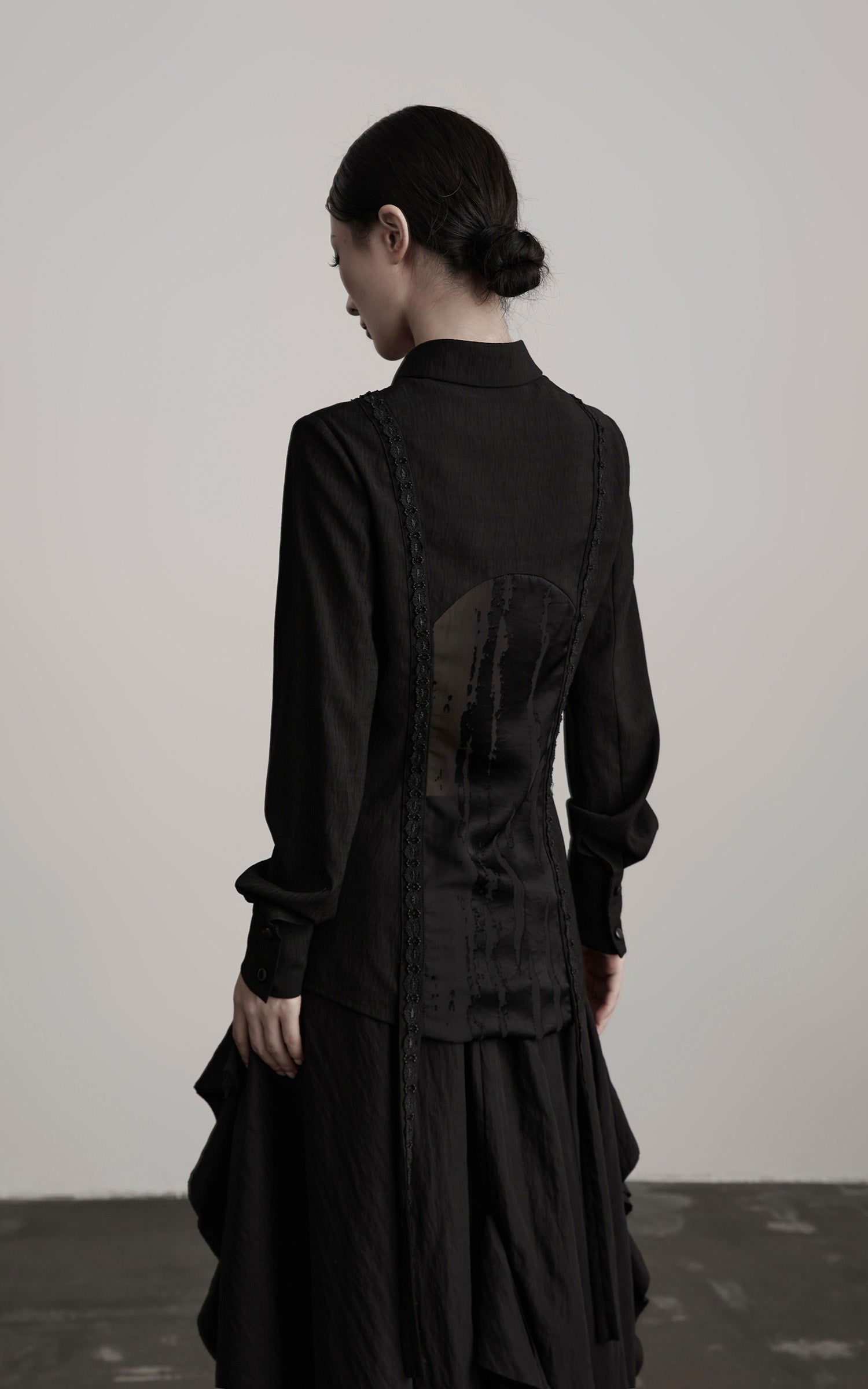 DOINDULGE Deconstructed Panel Shirt with Sheer Back and Embroidered Trims