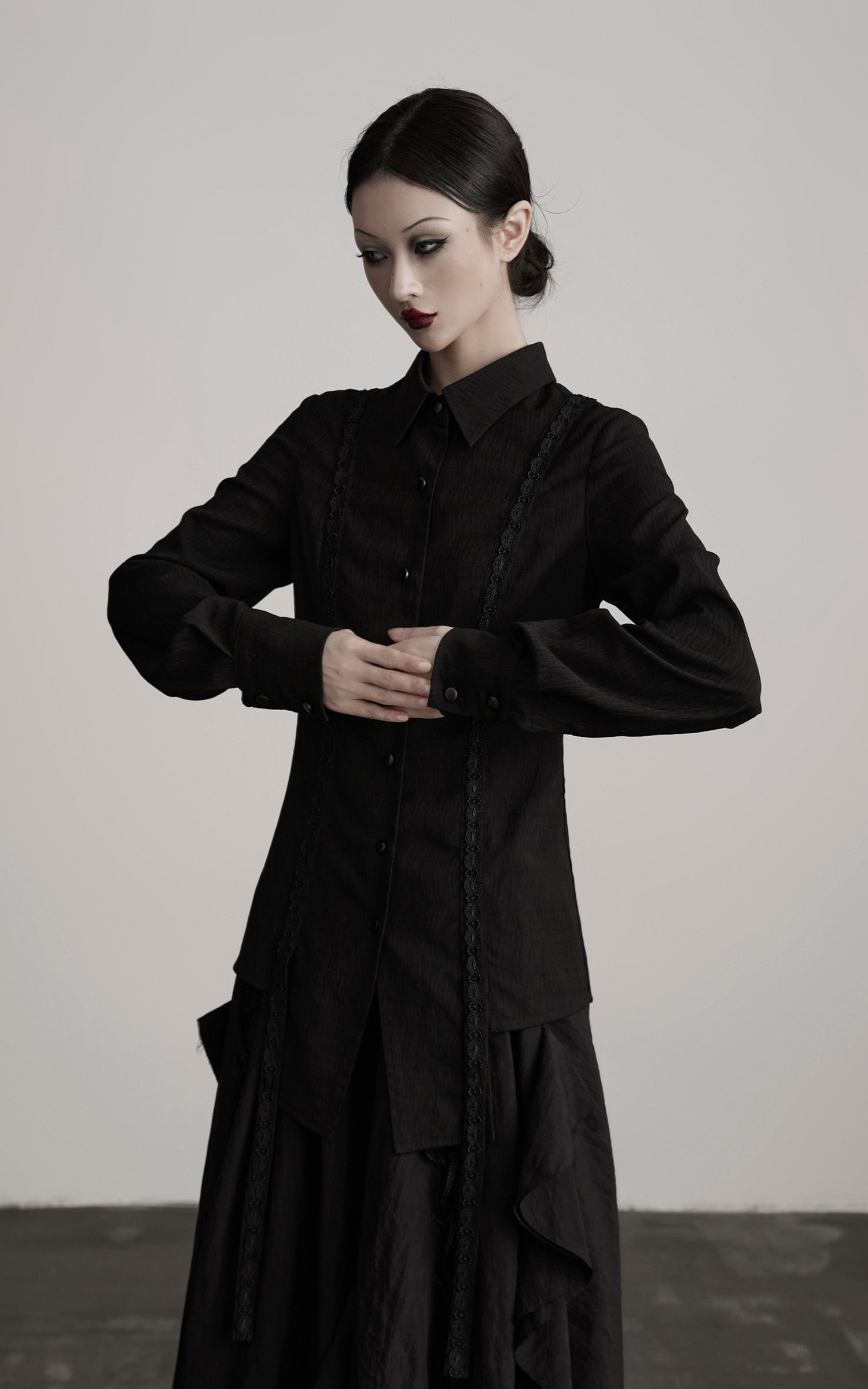 DOINDULGE Deconstructed Panel Shirt with Sheer Back and Embroidered Trims