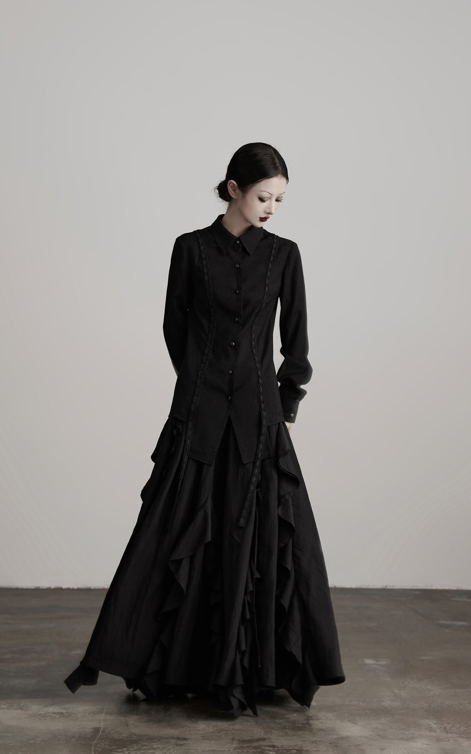 DOINDULGE Deconstructed Panel Shirt with Sheer Back and Embroidered Trims