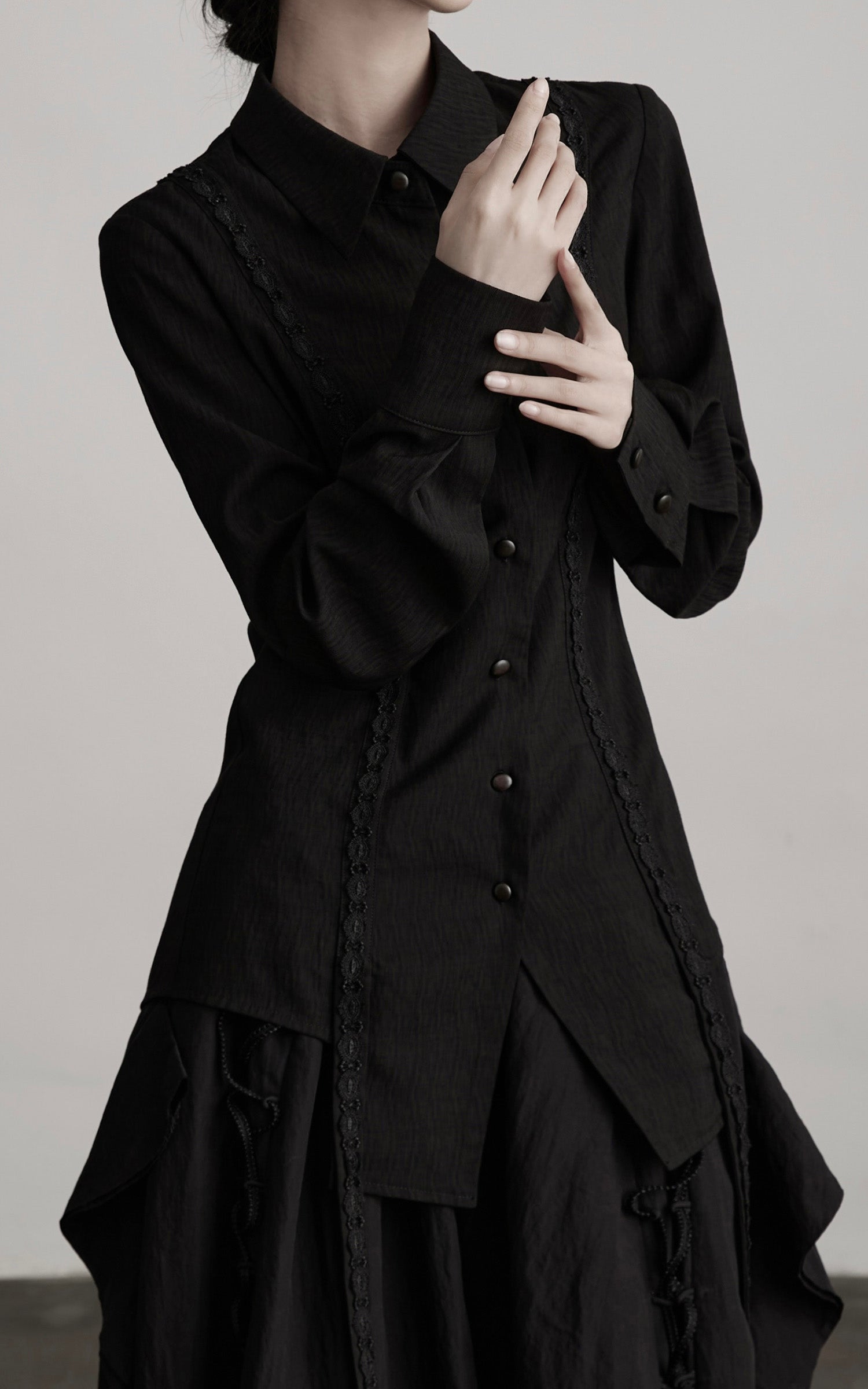 DOINDULGE Deconstructed Panel Shirt with Sheer Back and Embroidered Trims