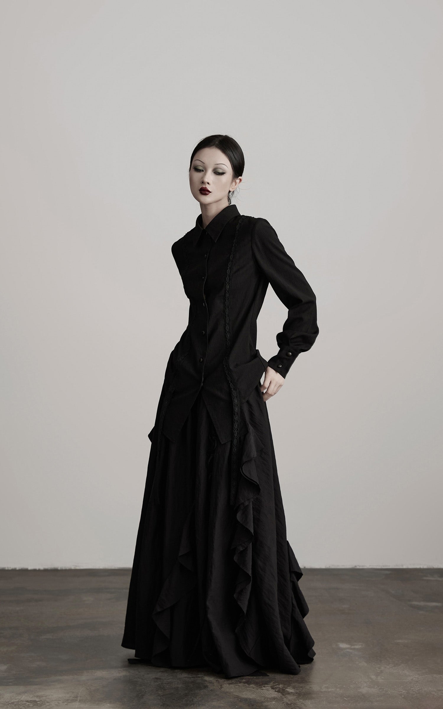 DOINDULGE Deconstructed Panel Shirt with Sheer Back and Embroidered Trims