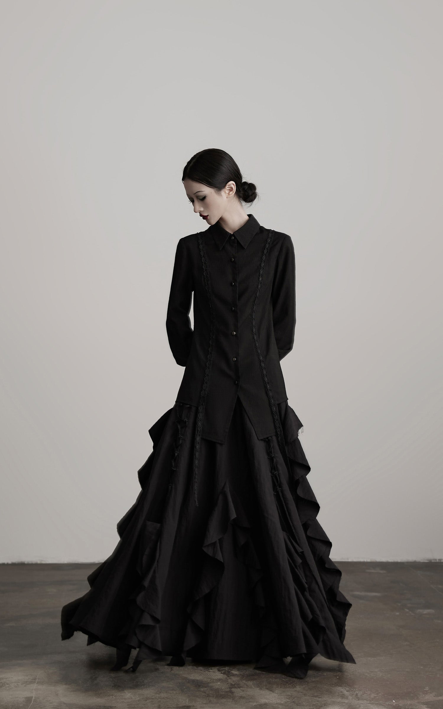 DOINDULGE Deconstructed Panel Shirt with Sheer Back and Embroidered Trims