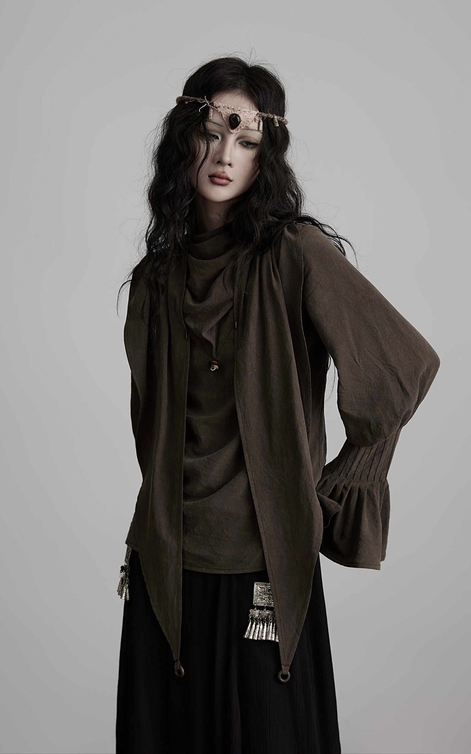 DOINDULGE Draped Sleeve Top with Layered Neckline