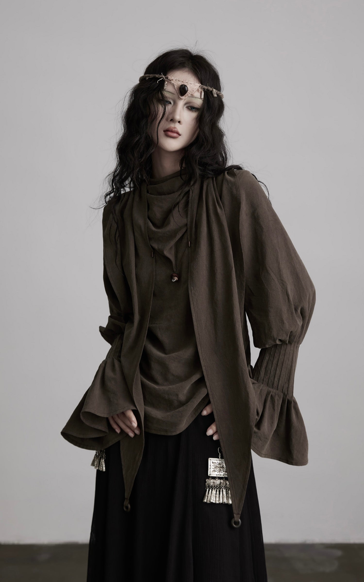 DOINDULGE Draped Sleeve Top with Layered Neckline