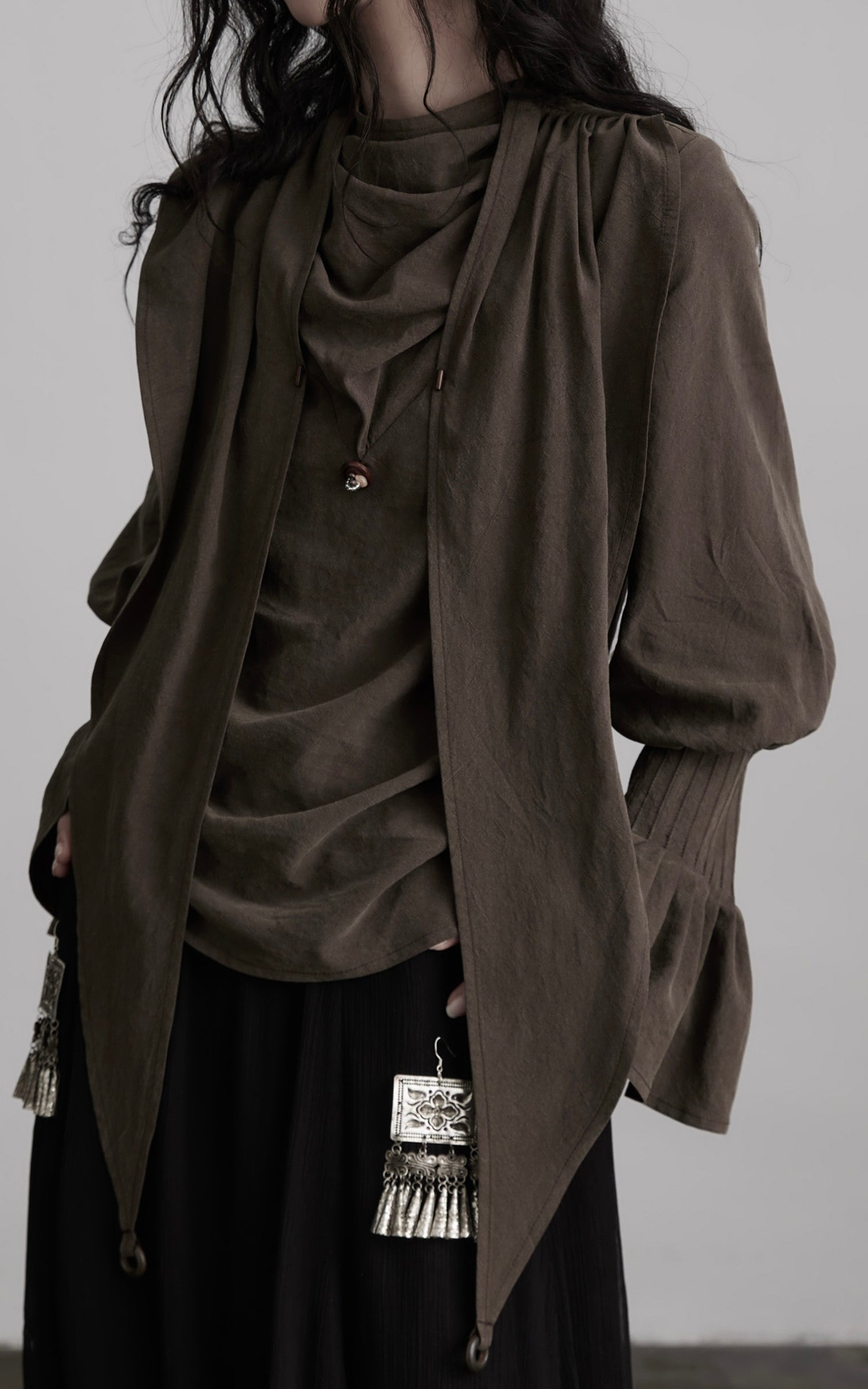 DOINDULGE Draped Sleeve Top with Layered Neckline