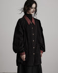 DOINDULGE Oversized Black Shirt with Contrast Collar and Pleated Front