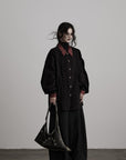 DOINDULGE Oversized Black Shirt with Contrast Collar and Pleated Front