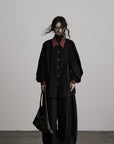 DOINDULGE Oversized Black Shirt with Contrast Collar and Pleated Front