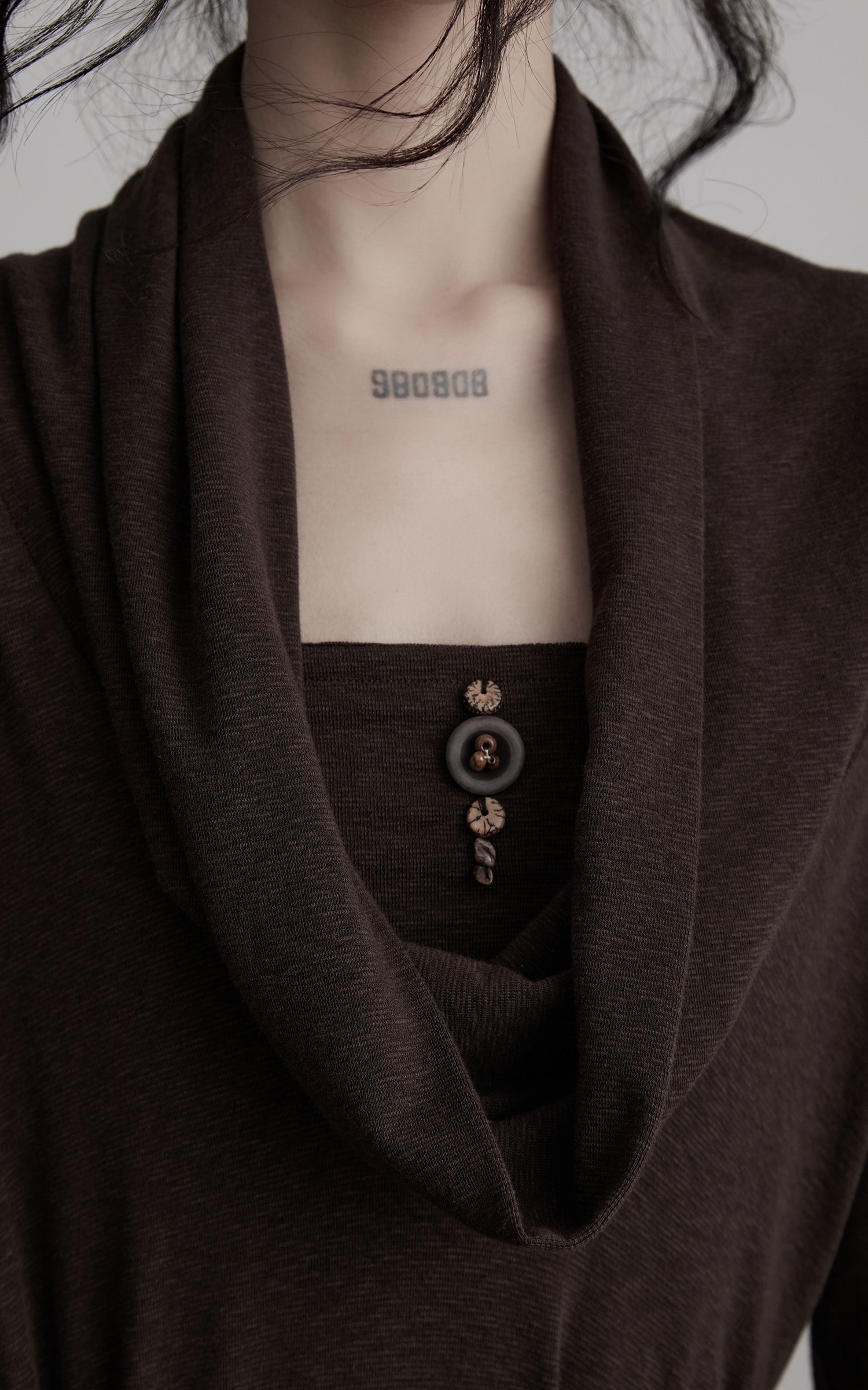 DOINDULGE Draped Knit Maxi Dress with Cowl Neck and Natural Button Detail