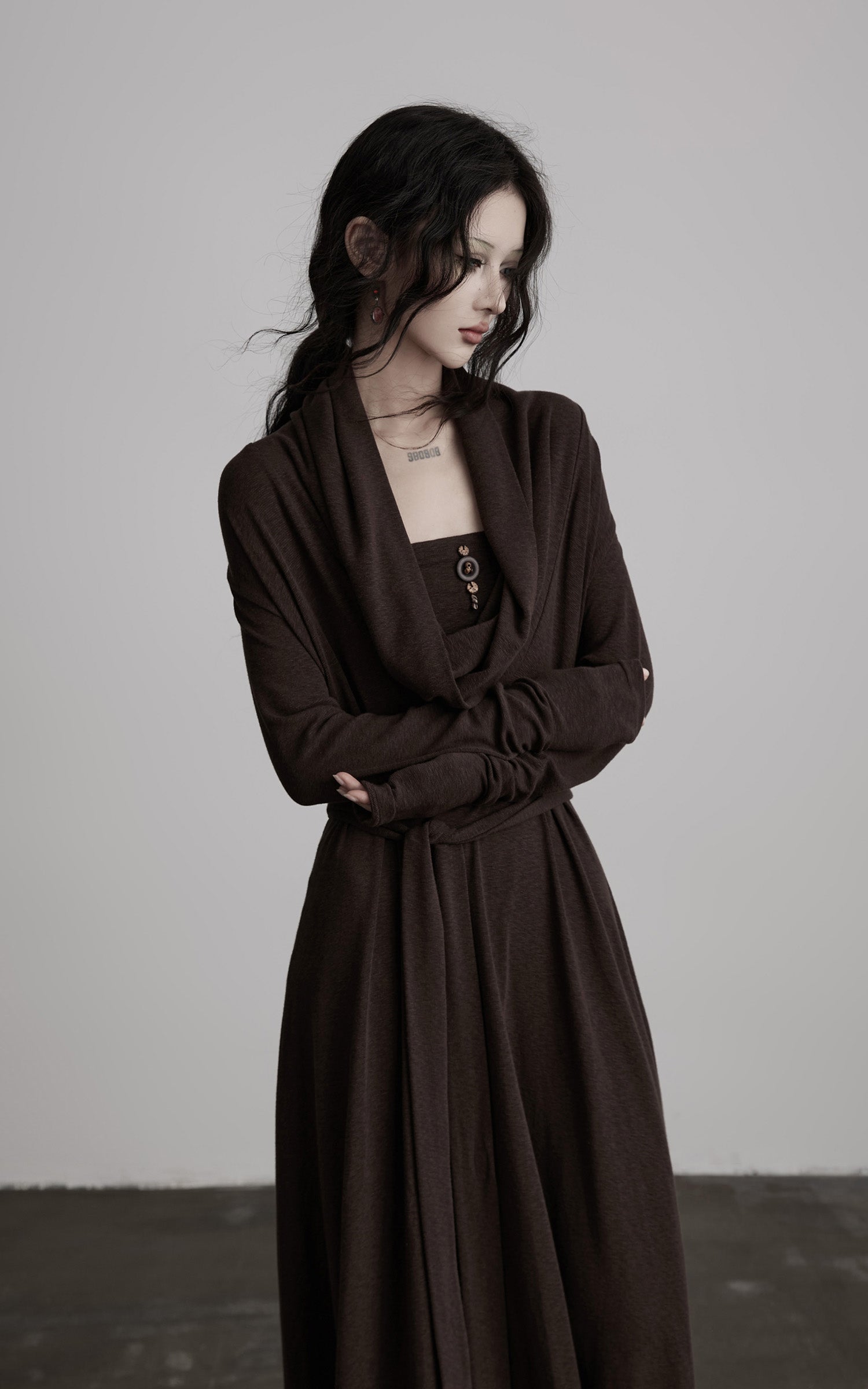 DOINDULGE Draped Knit Maxi Dress with Cowl Neck and Natural Button Detail