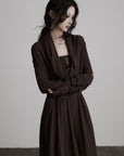 DOINDULGE Draped Knit Maxi Dress with Cowl Neck and Natural Button Detail