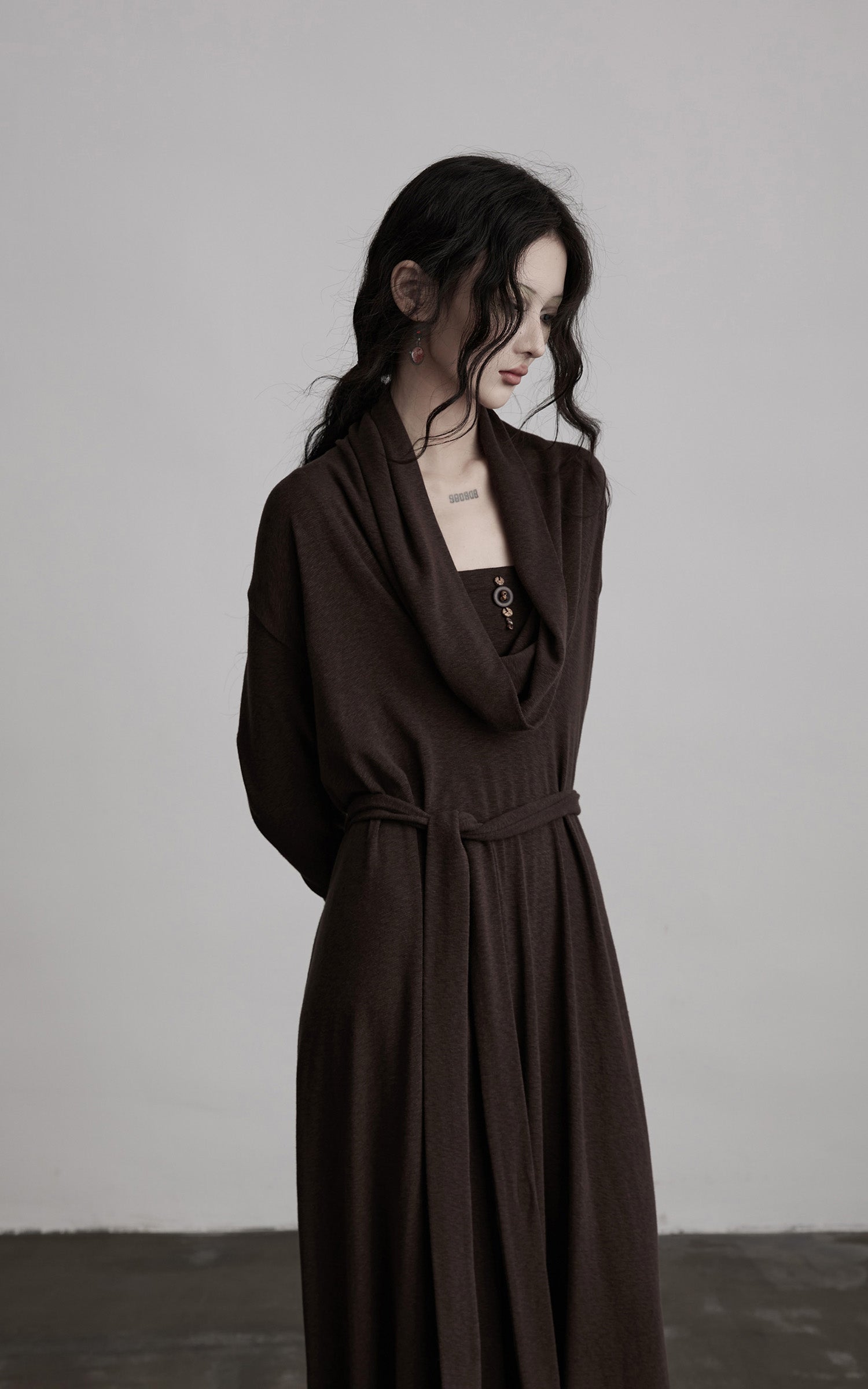 DOINDULGE Draped Knit Maxi Dress with Cowl Neck and Natural Button Detail