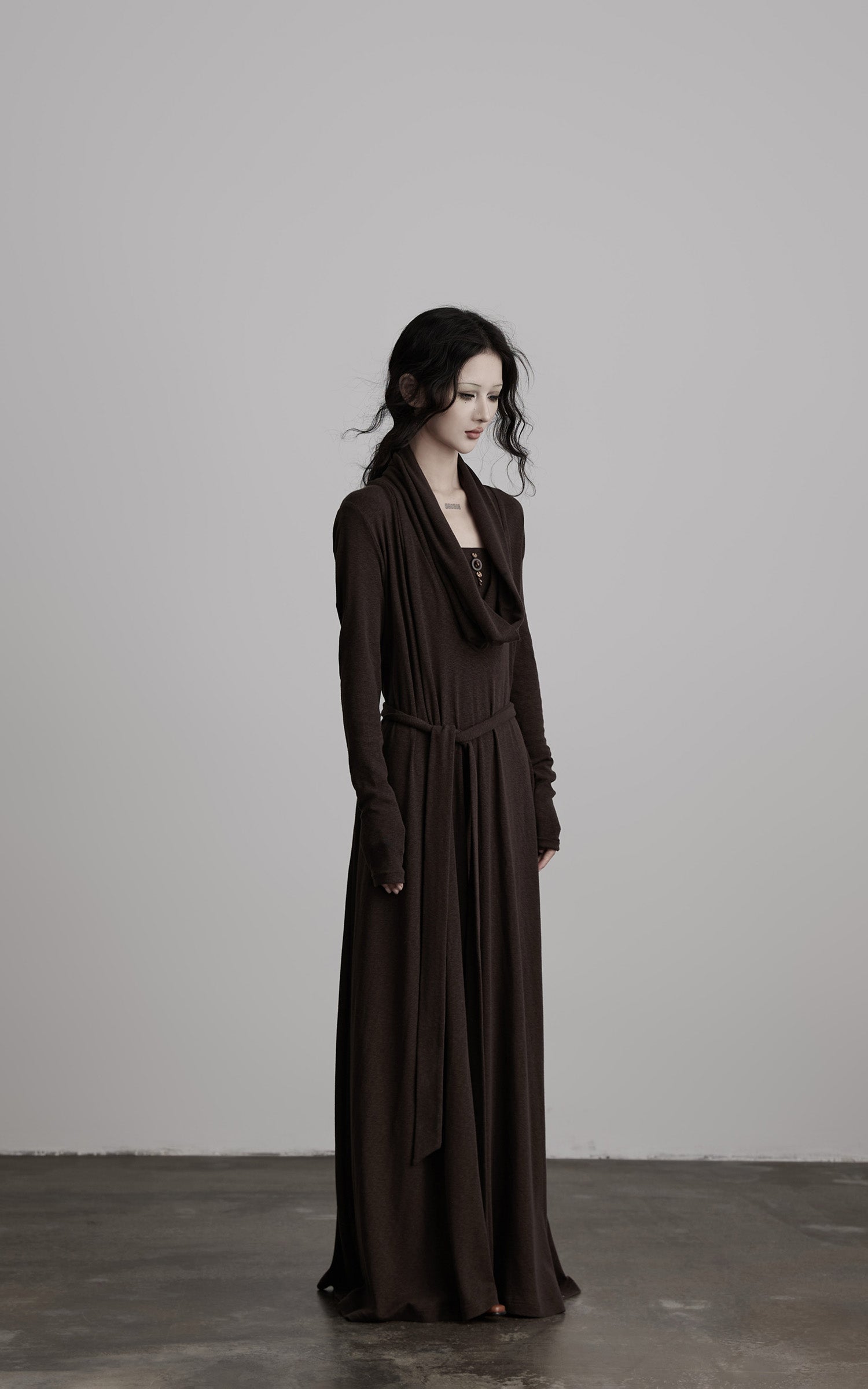 DOINDULGE Draped Knit Maxi Dress with Cowl Neck and Natural Button Detail
