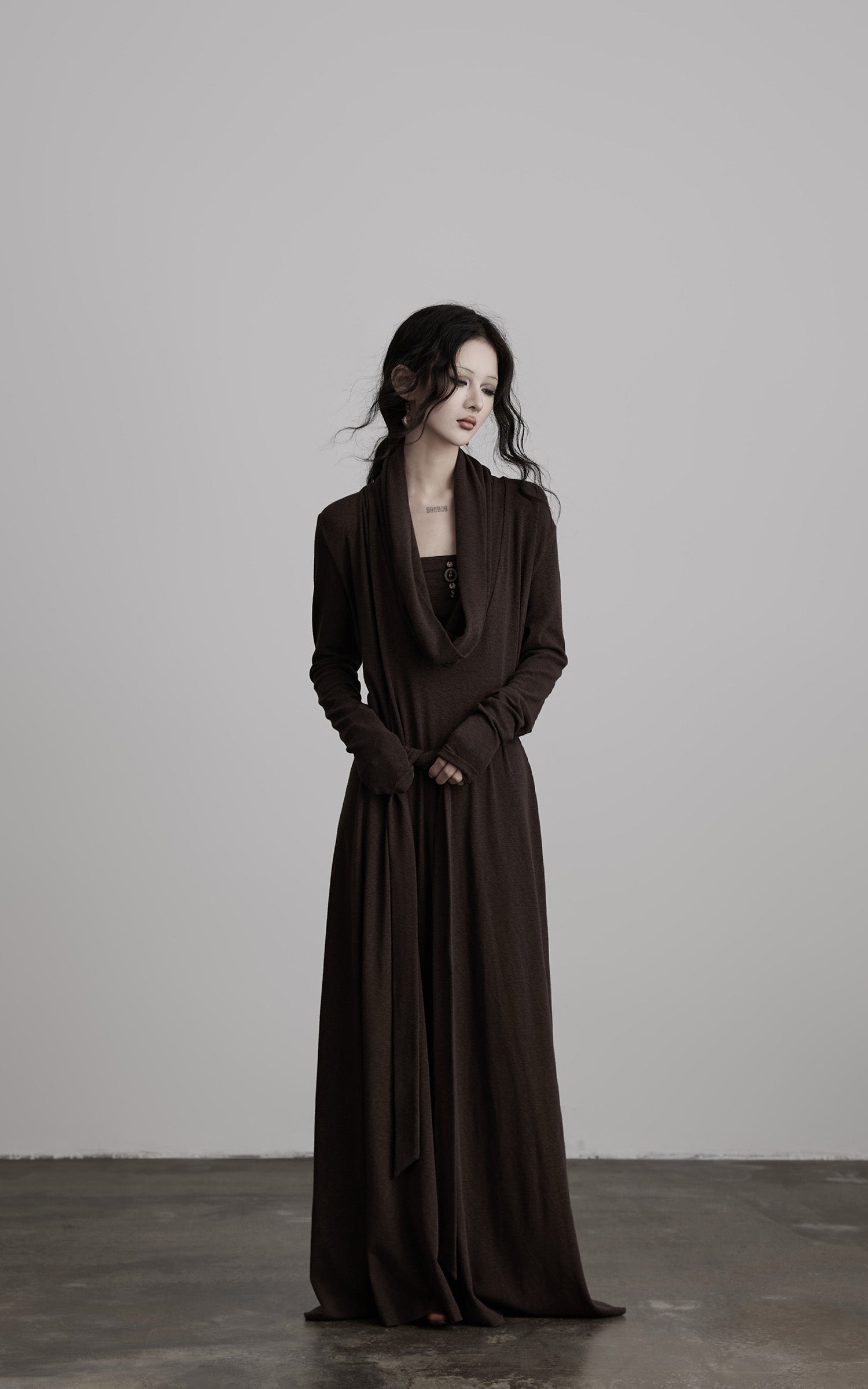 DOINDULGE Draped Knit Maxi Dress with Cowl Neck and Natural Button Detail