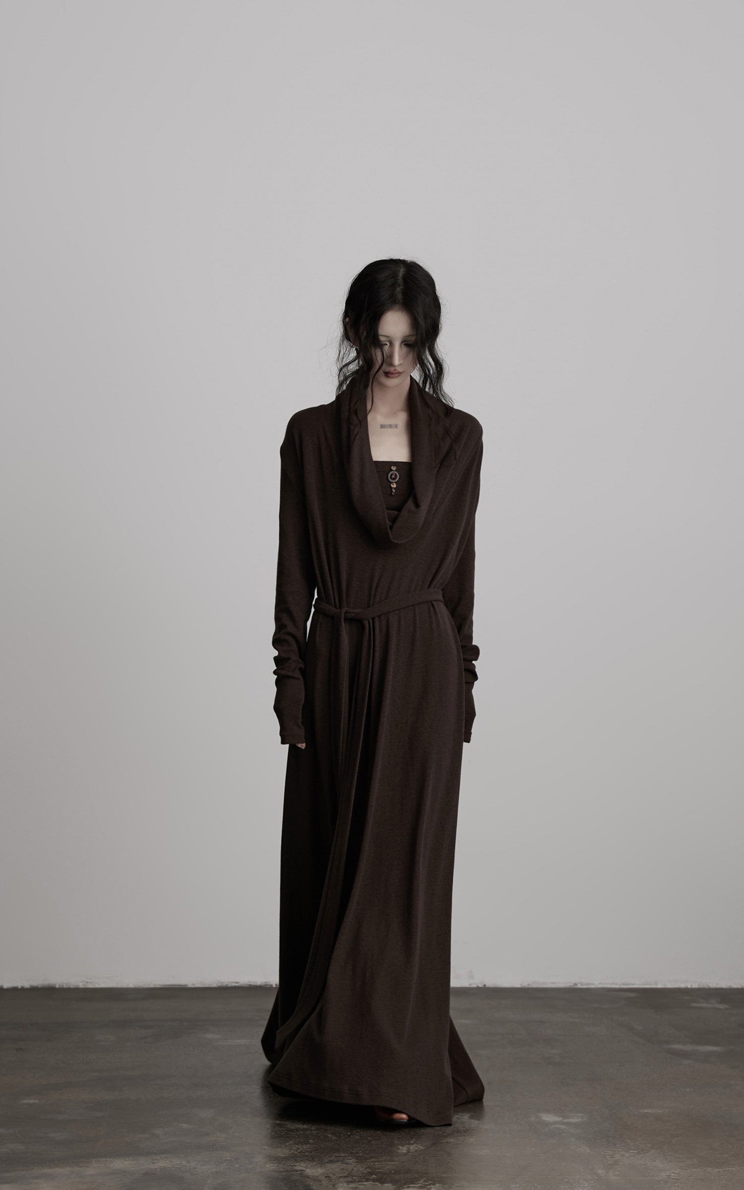 DOINDULGE Draped Knit Maxi Dress with Cowl Neck and Natural Button Detail