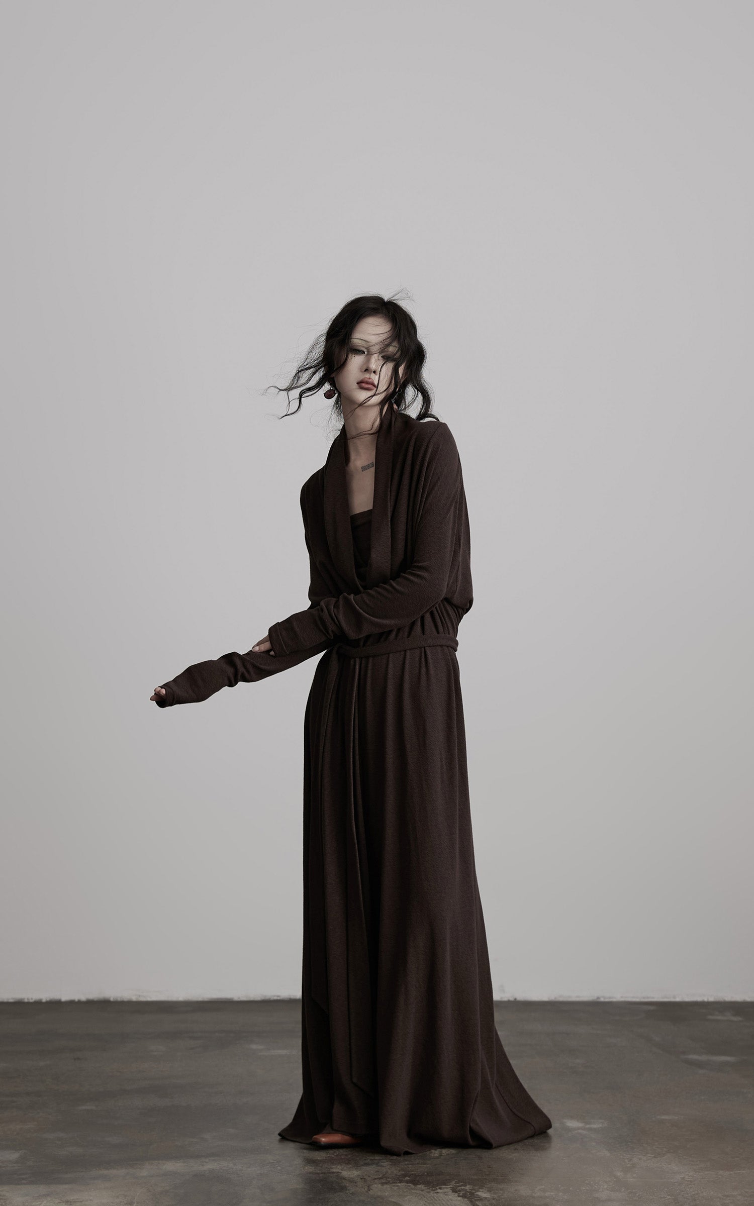 DOINDULGE Draped Knit Maxi Dress with Cowl Neck and Natural Button Detail