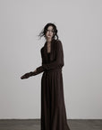DOINDULGE Draped Knit Maxi Dress with Cowl Neck and Natural Button Detail