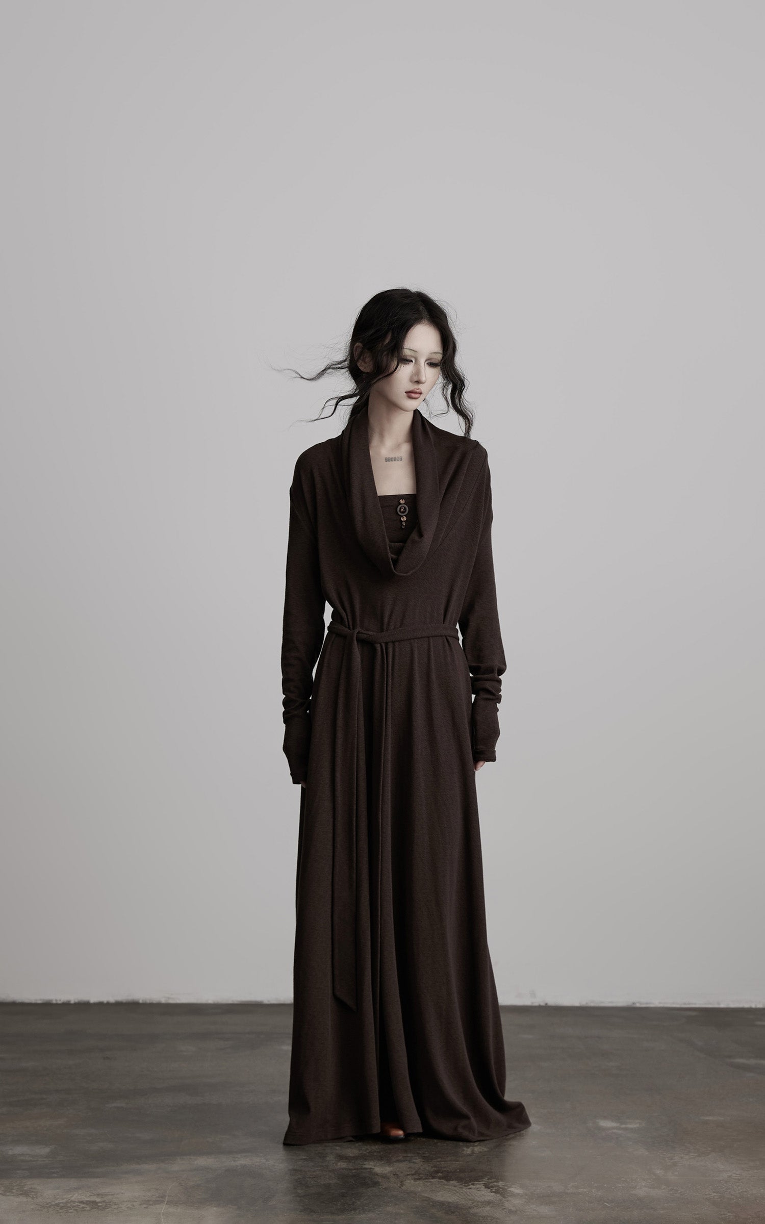 DOINDULGE Draped Knit Maxi Dress with Cowl Neck and Natural Button Detail