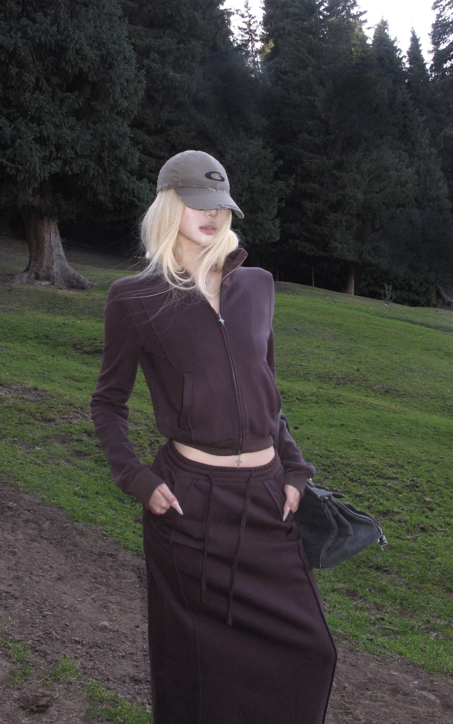 Rase le sol Zip Collar Sweat Jacket and Paneled Maxi Skirt Set