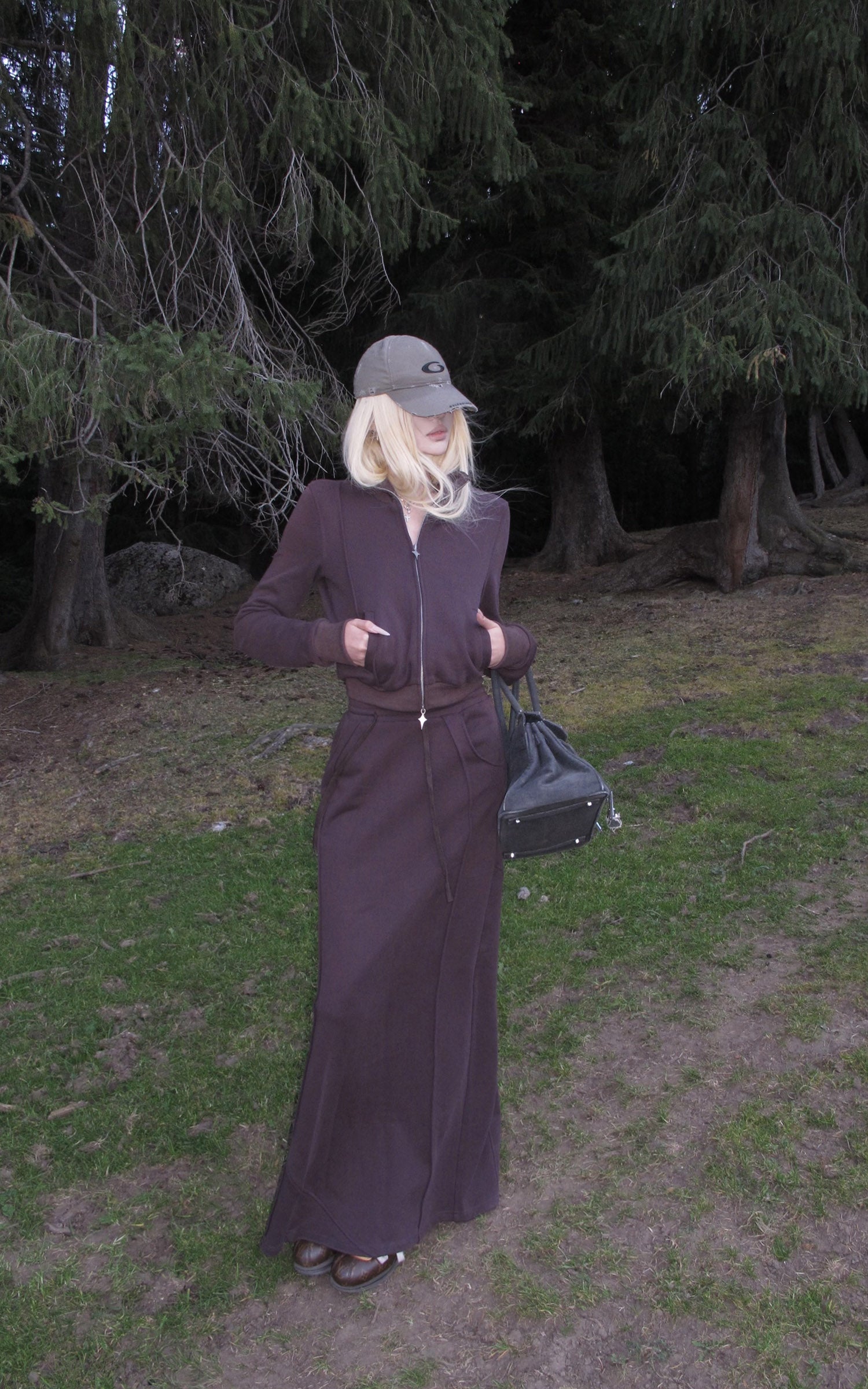 Rase le sol Zip Collar Sweat Jacket and Paneled Maxi Skirt Set
