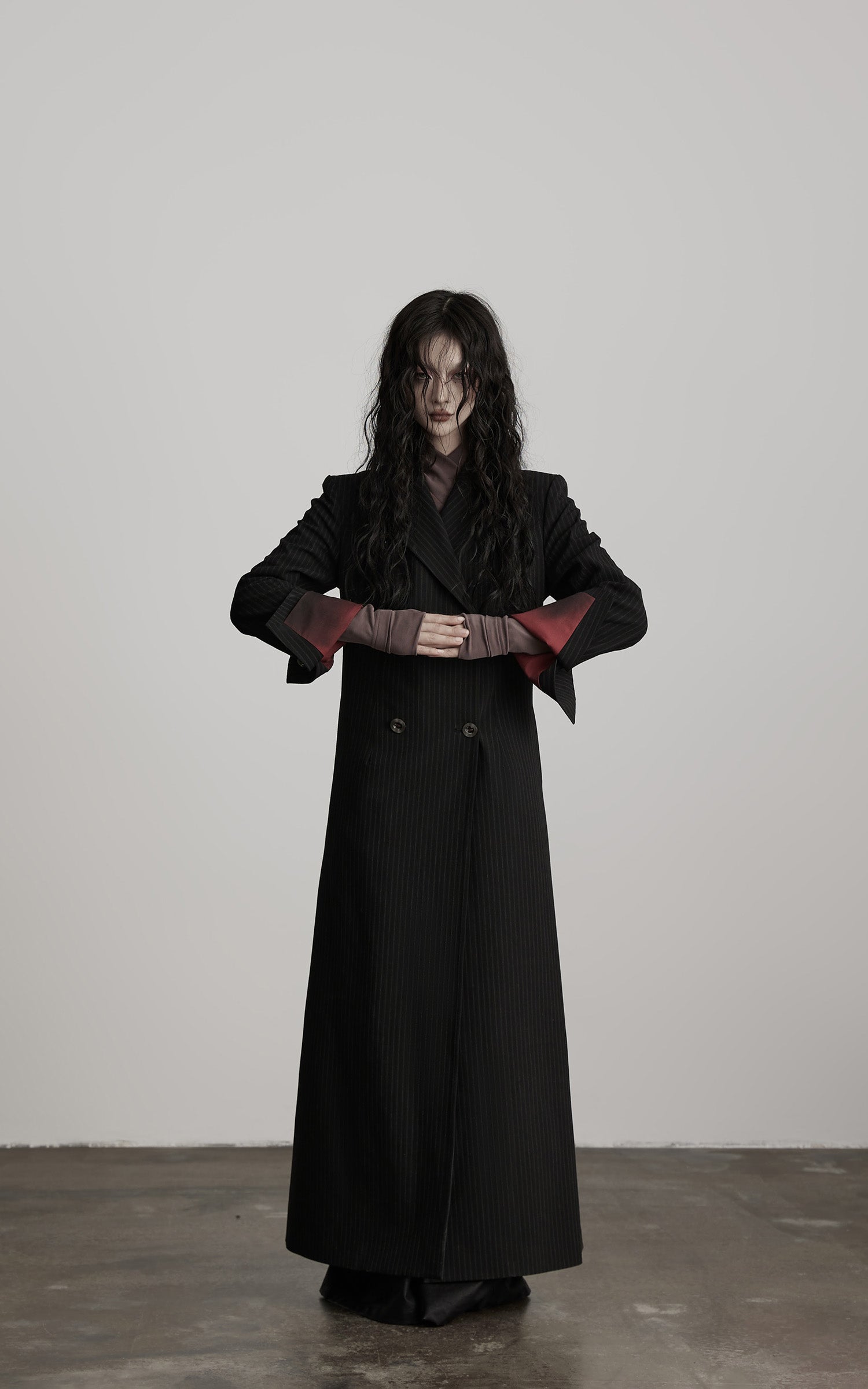 DOINDULGE Double Breasted Long Coat with Pinstripe and Contrast Lining