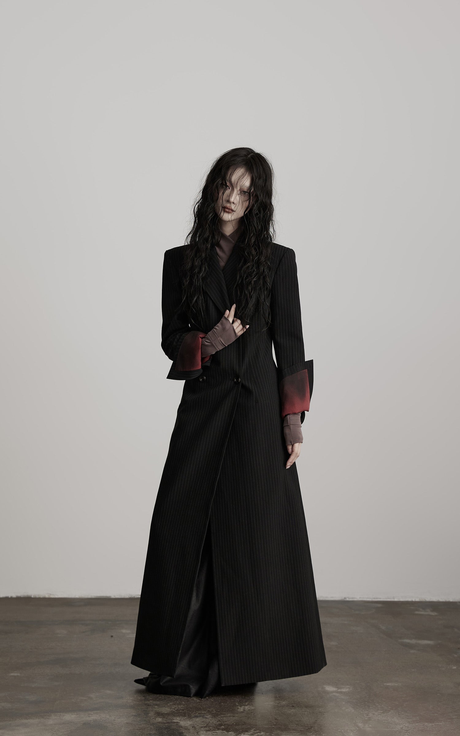 DOINDULGE Double Breasted Long Coat with Pinstripe and Contrast Lining