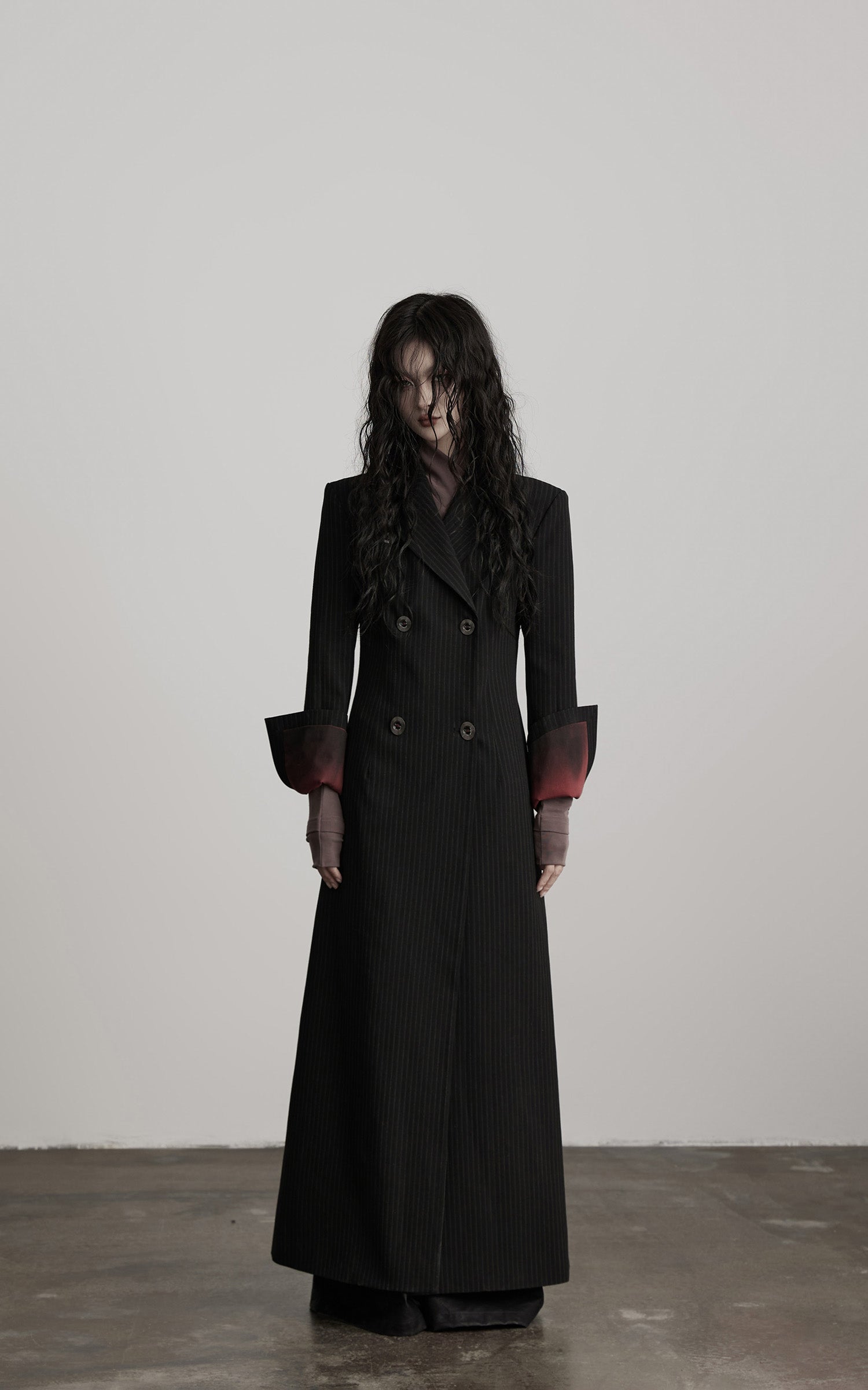 DOINDULGE Double Breasted Long Coat with Pinstripe and Contrast Lining