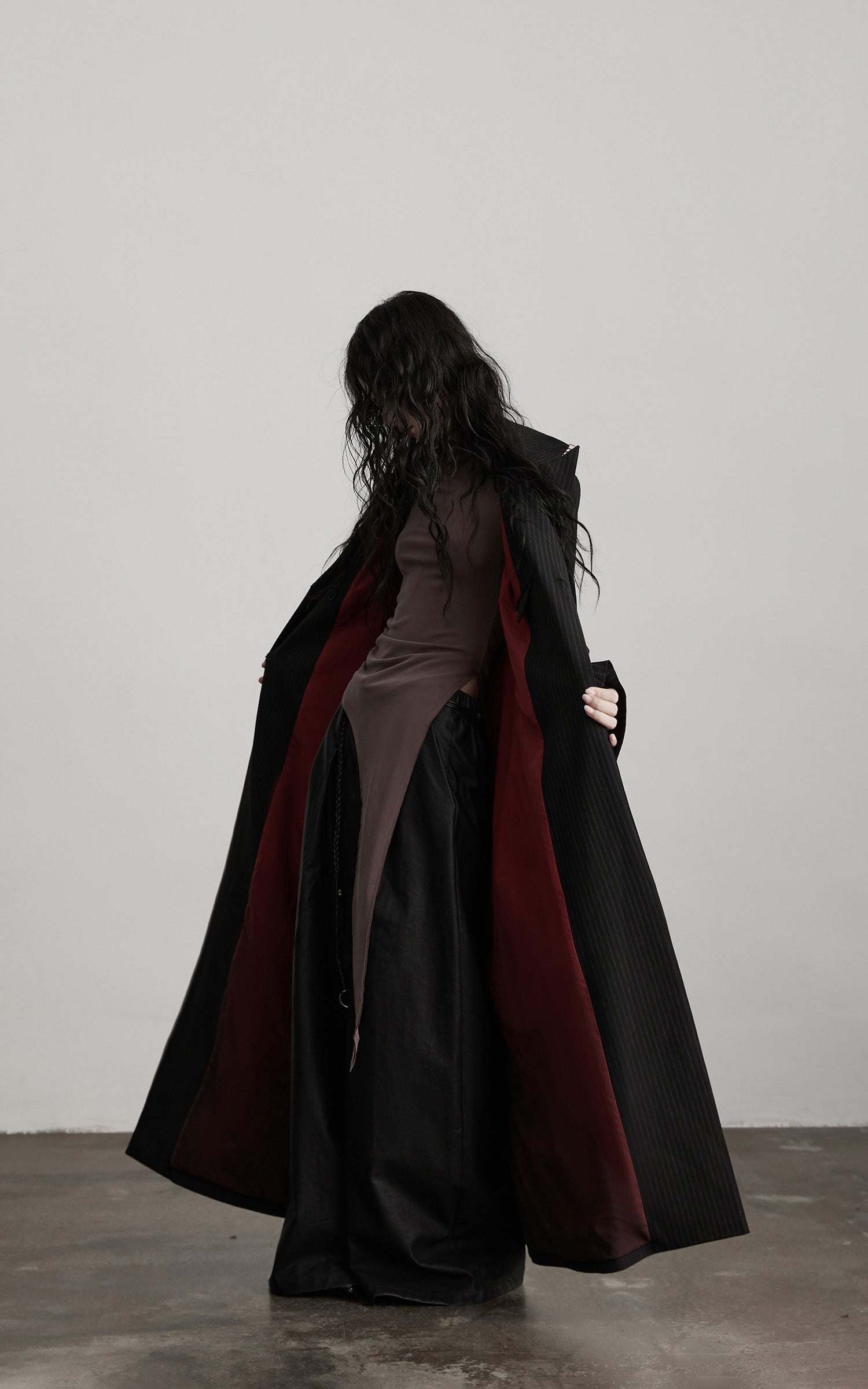 DOINDULGE Double Breasted Long Coat with Pinstripe and Contrast Lining