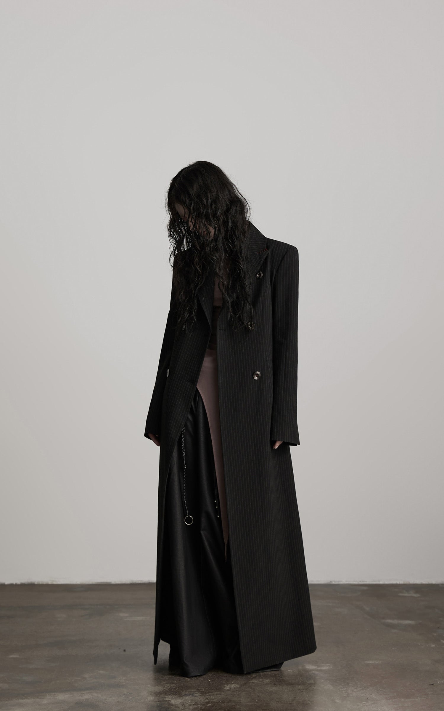 DOINDULGE Double Breasted Long Coat with Pinstripe and Contrast Lining